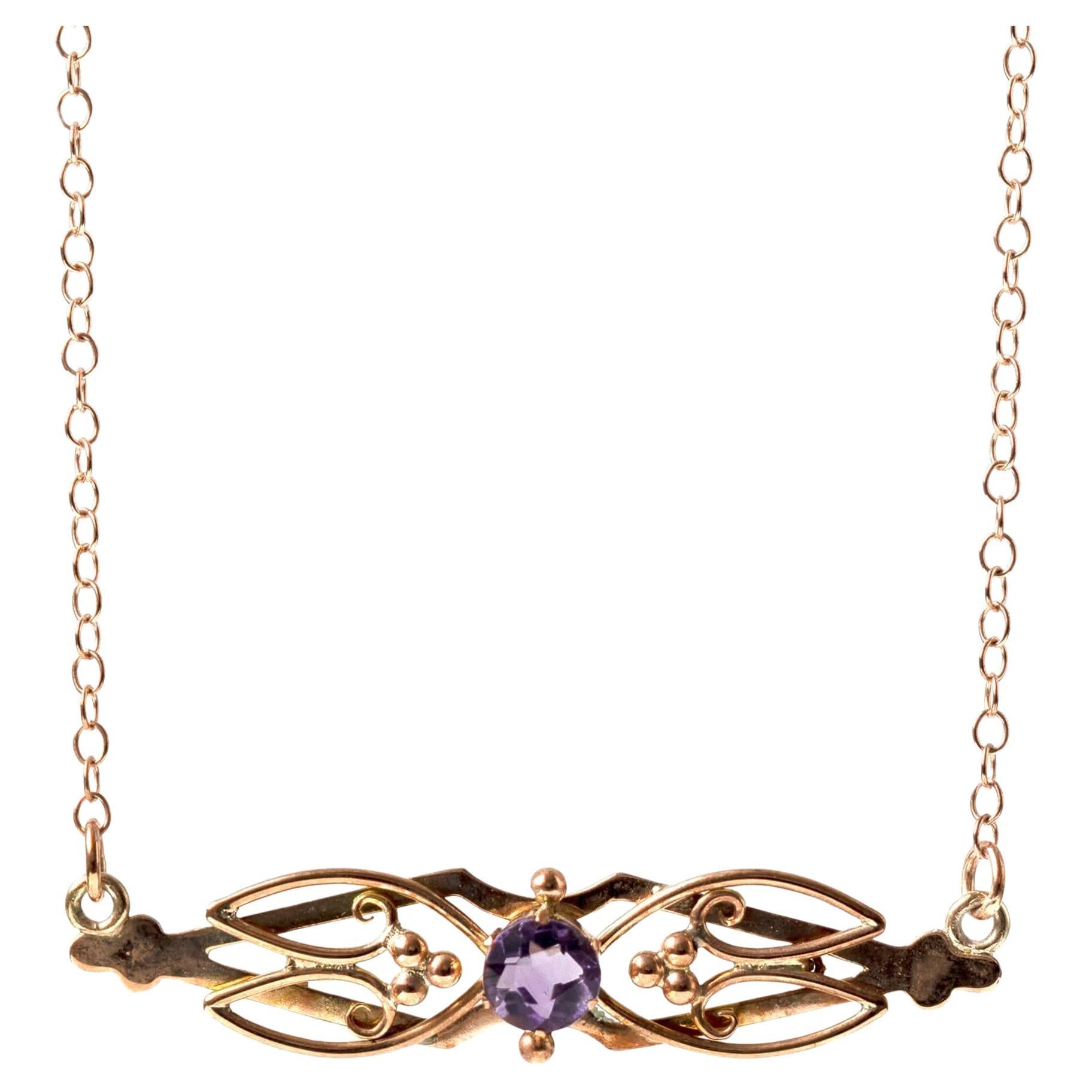 Antike edwardianische Bar-Halskette aus 15 Karat Roségold mit Amethyst