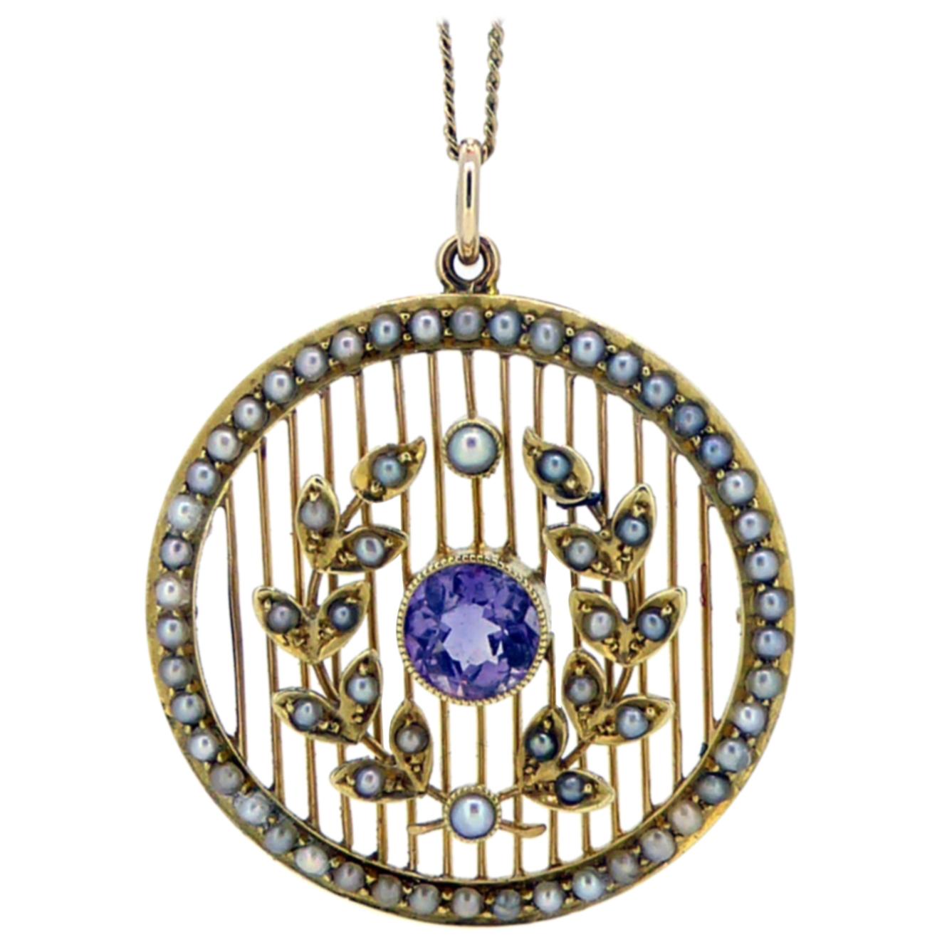 Antique Edwardian Amethyst and Pearl Pendant, circa 1910