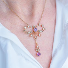 Collier d'améthyste et de perles de rocaille en or 9K en forme de noeud - Antiquities Edwardian  - c.1910