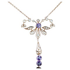 Antique Edwardian Amethyst and Seed Pearl Necklace 9K Gold Bow Shaped  - c.1910