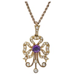Antique Edwardian Amethyst Pearl 15 Carat Gold, circa 1910 Pendant Necklace