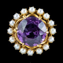 Antique Edwardian Amethyst Pearl Brooch in 9ct Gold 20ct Amethyst, circa 1910