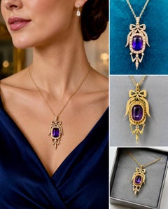 Antique Edwardian Amethyst Pearl Diamond Pendant Necklace in Gold.