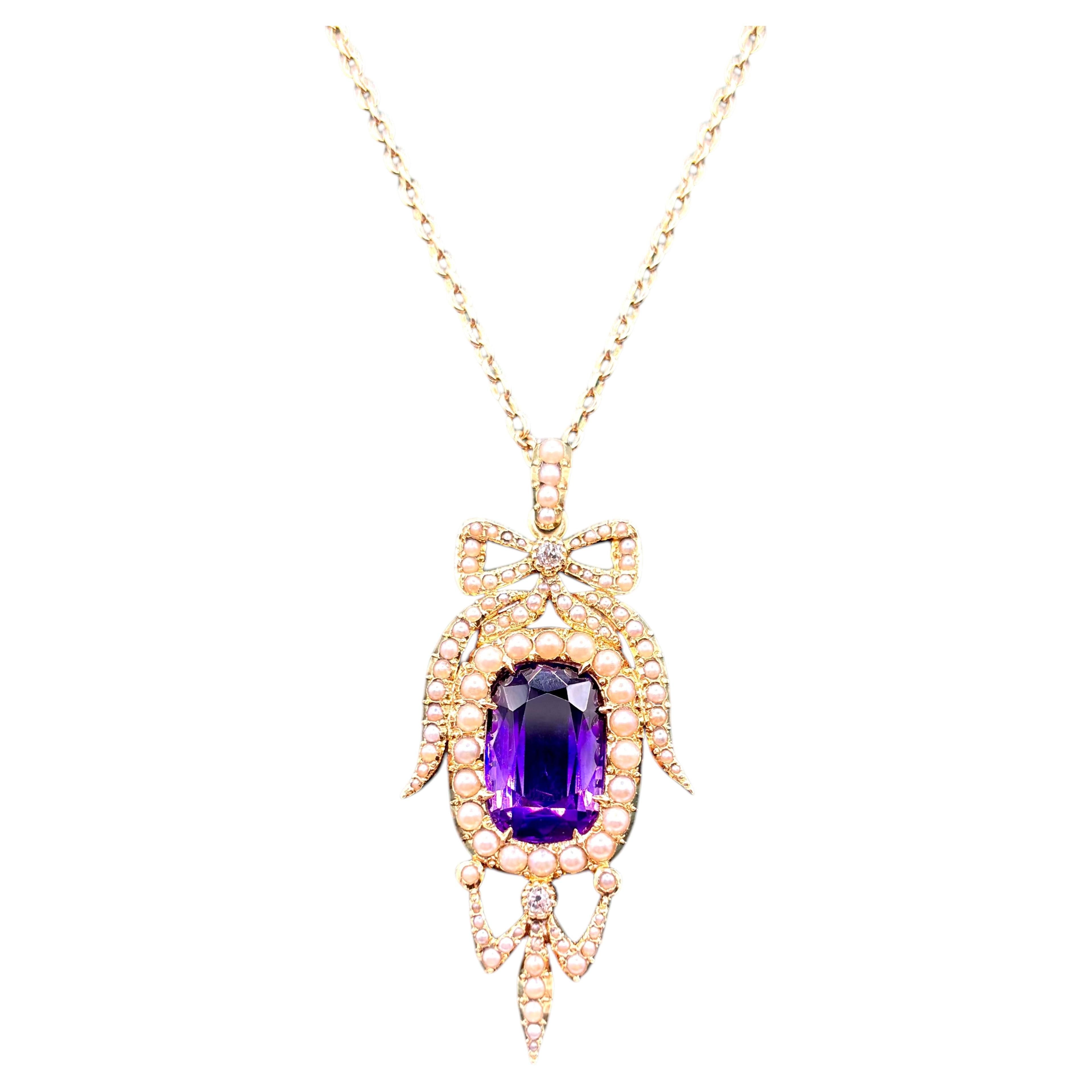 Antique Edwardian Amethyst Pearl Diamond Pendant Necklace in Gold.