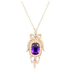 Antique Edwardian Amethyst Pearl Diamond Pendant Necklace in Gold.