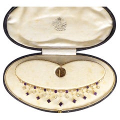 Antique Edwardian Amethyst & Pearl Drop Necklace set in 9ct Gold in Original Box