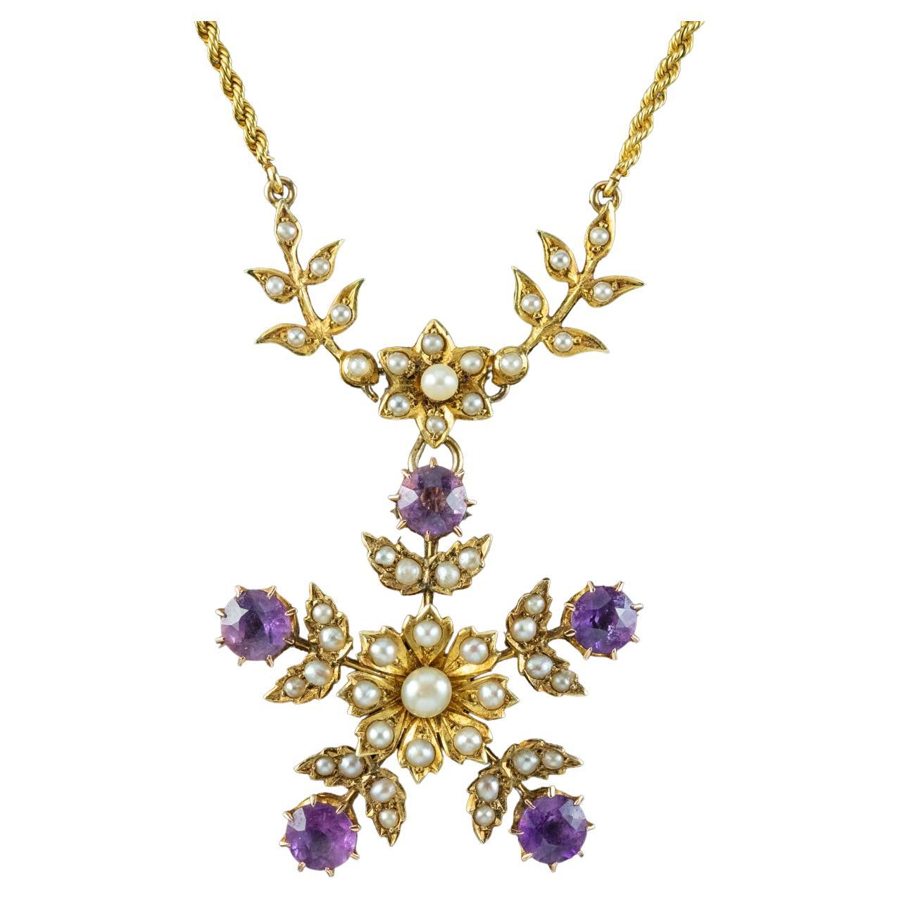 Antique Edwardian Amethyst Pearl Floral Lavaliere Necklace 15ct Gold