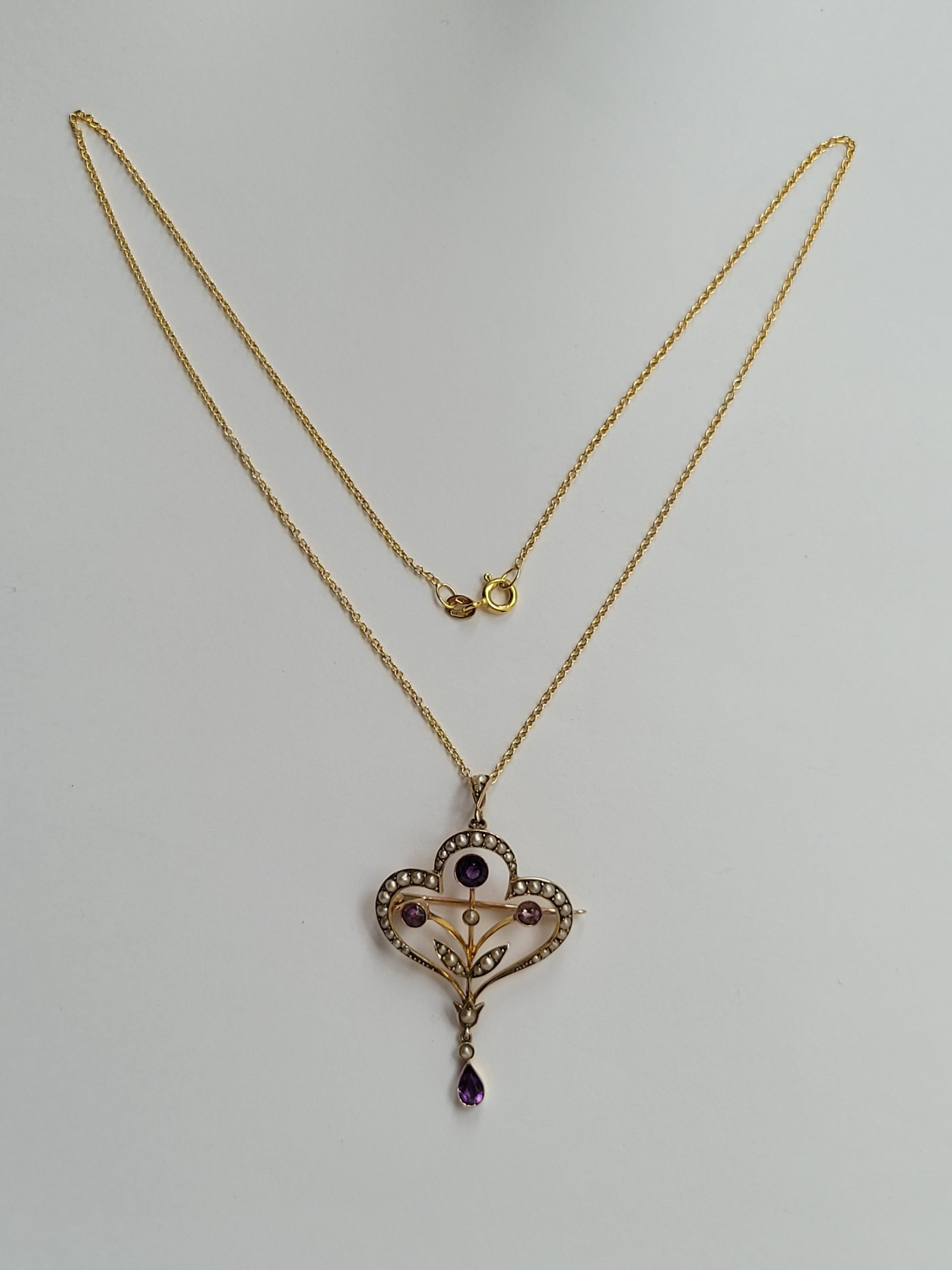 Antique Edwardian Amethyst Pearl Gold Brooch Pendant Necklace For Sale 5
