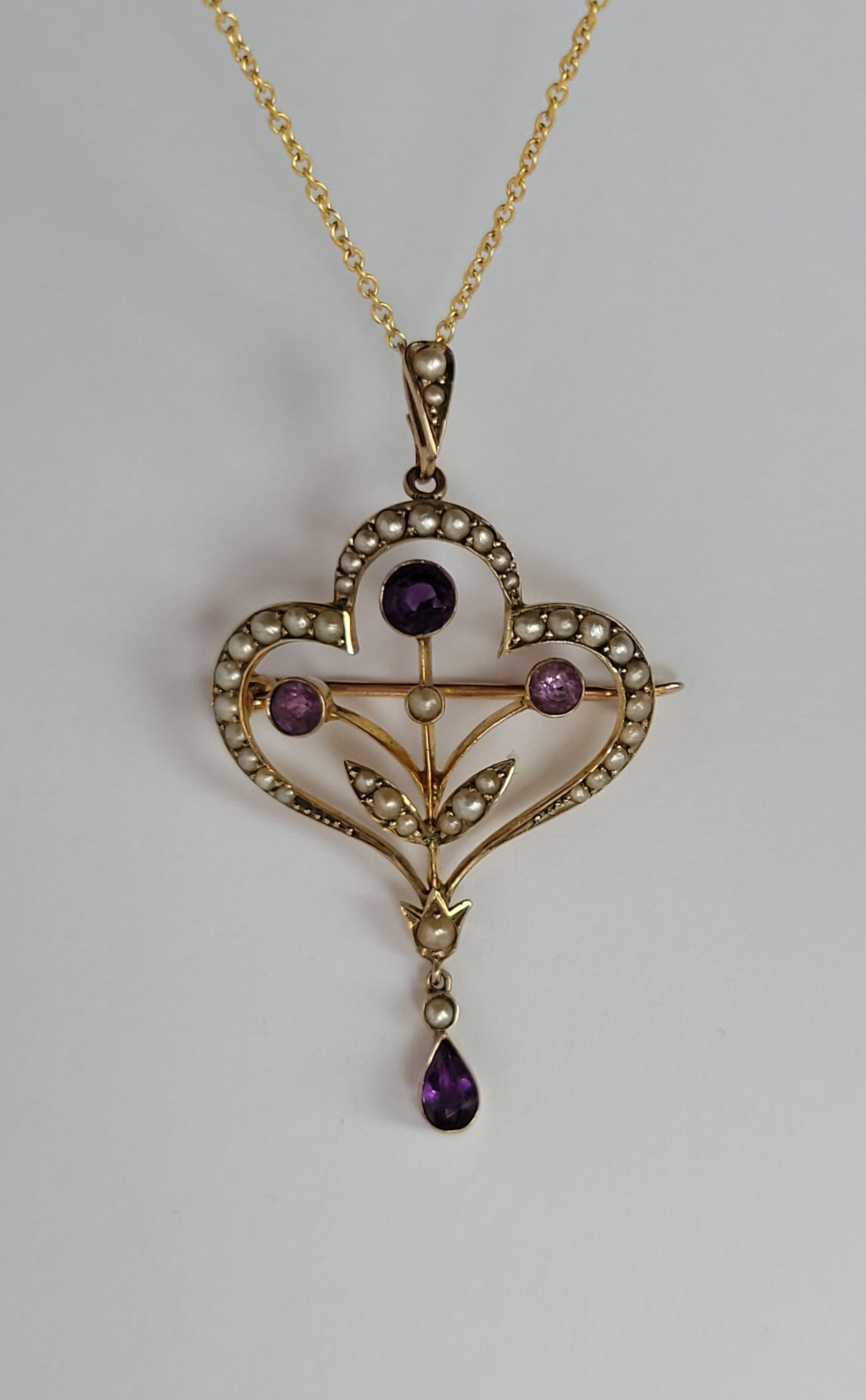 Antique Edwardian Amethyst Pearl Gold Brooch Pendant Necklace For Sale 6