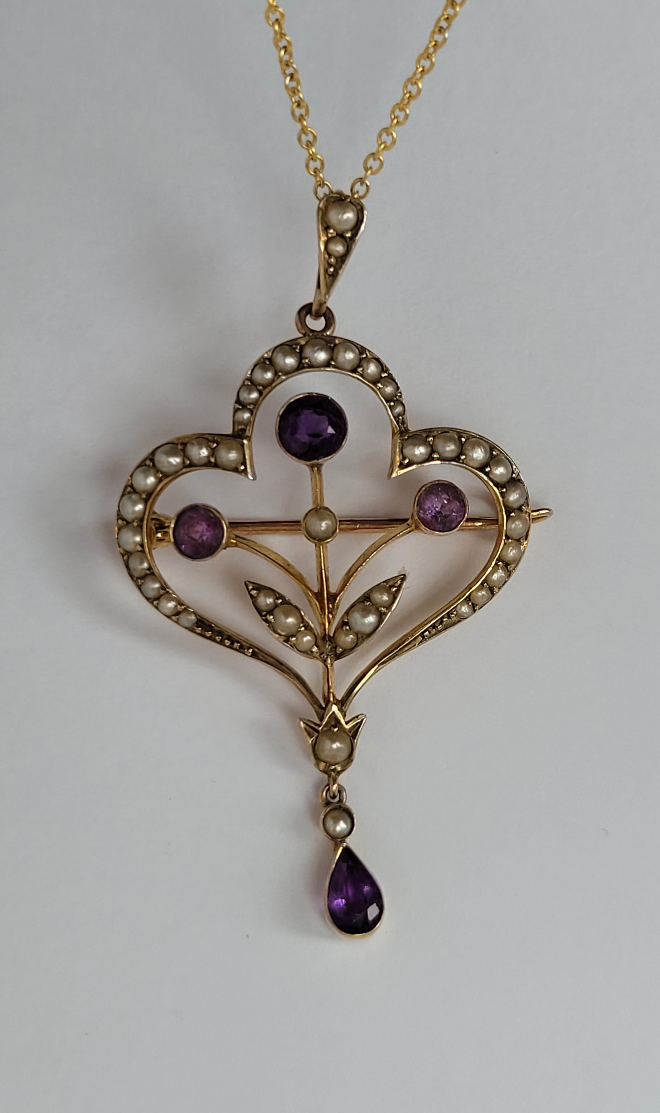 Antique Edwardian Amethyst Pearl Gold Brooch Pendant Necklace For Sale 7
