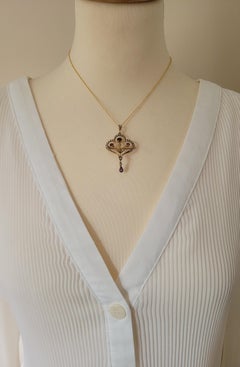 Antique Edwardian Amethyst Pearl Gold Brooch Pendant Necklace