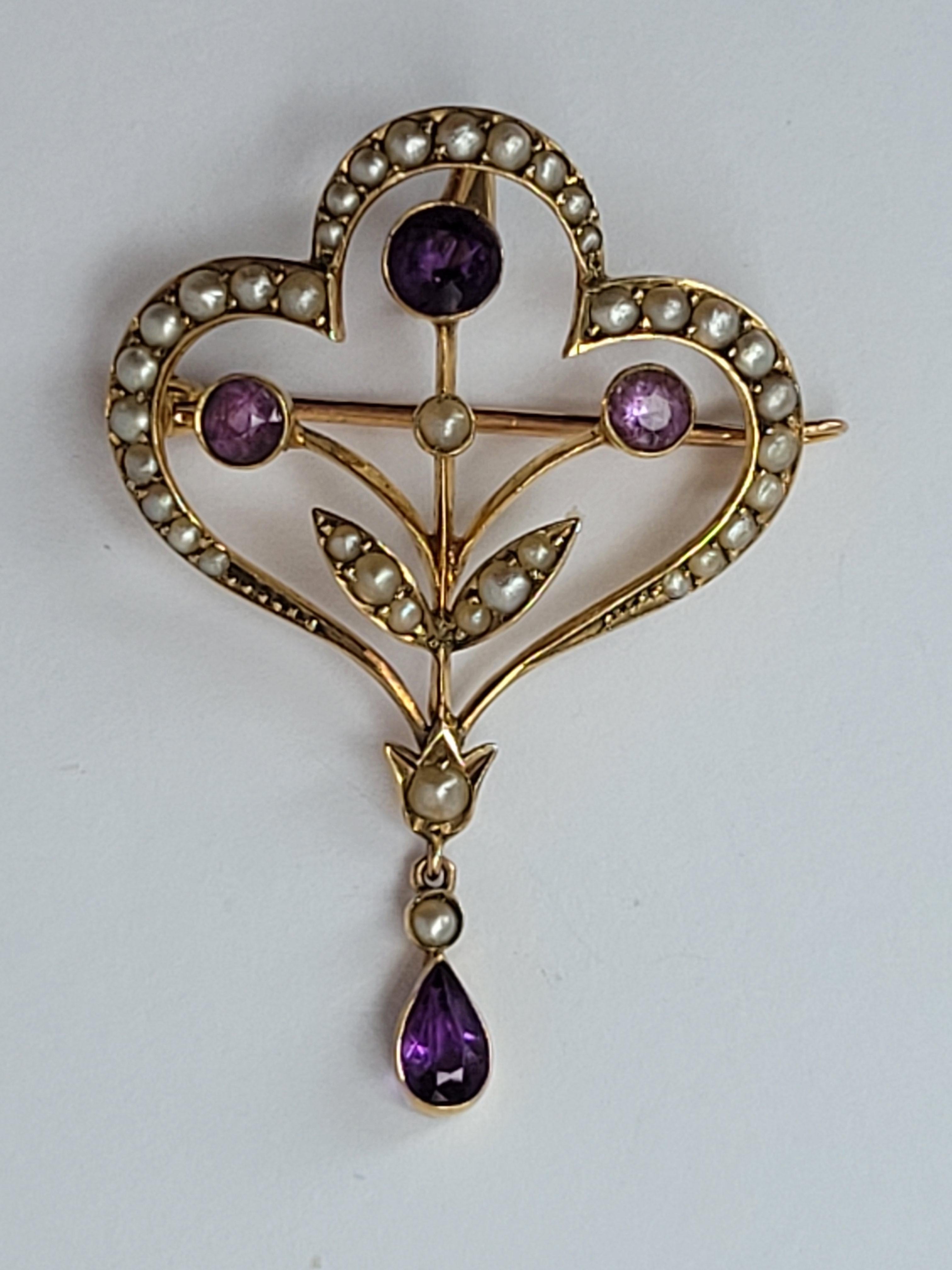 Round Cut Antique Edwardian Amethyst Pearl Gold Brooch Pendant Necklace For Sale