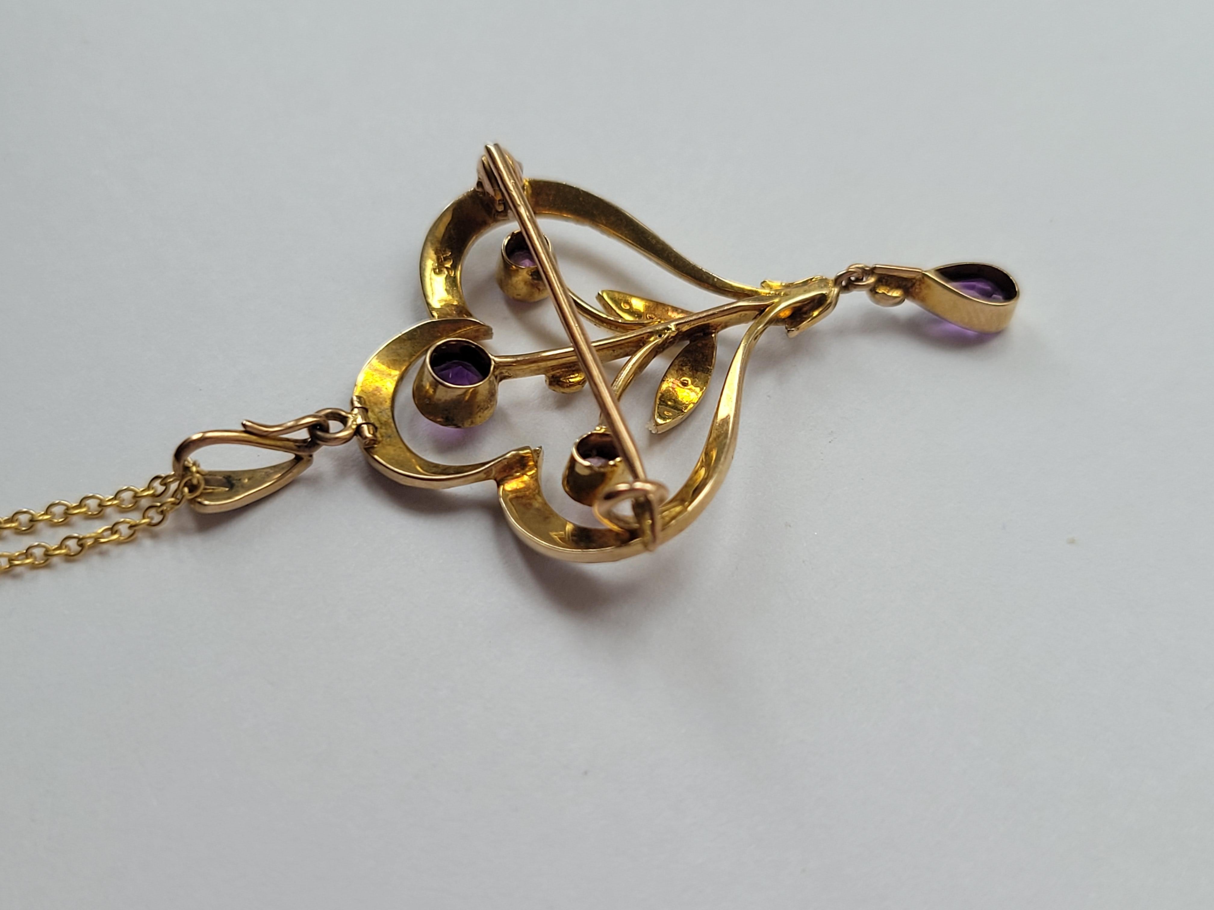 Antique Edwardian Amethyst Pearl Gold Brooch Pendant Necklace For Sale 2