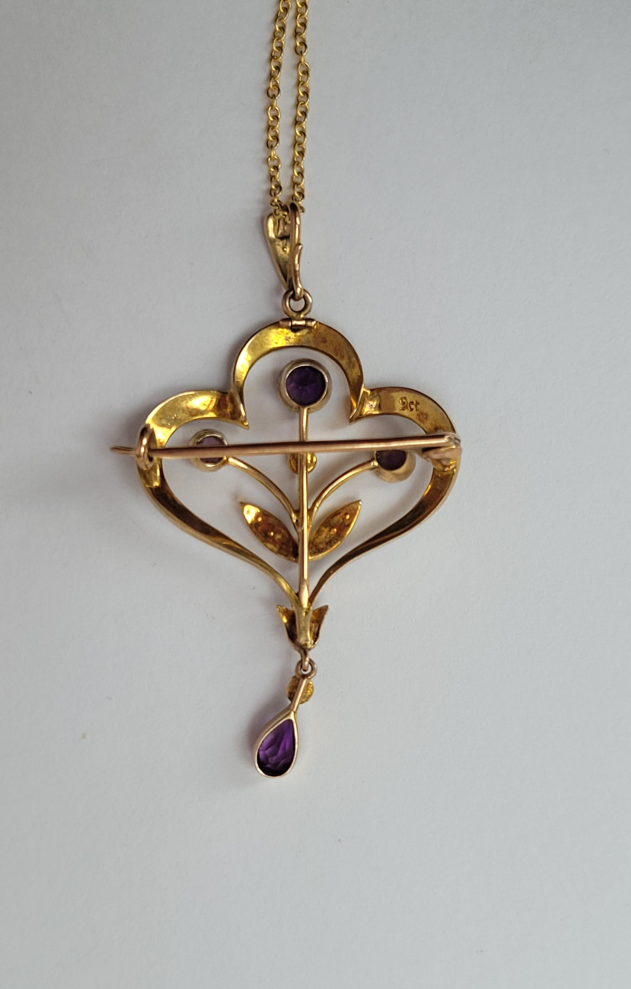 Antique Edwardian Amethyst Pearl Gold Brooch Pendant Necklace For Sale 3