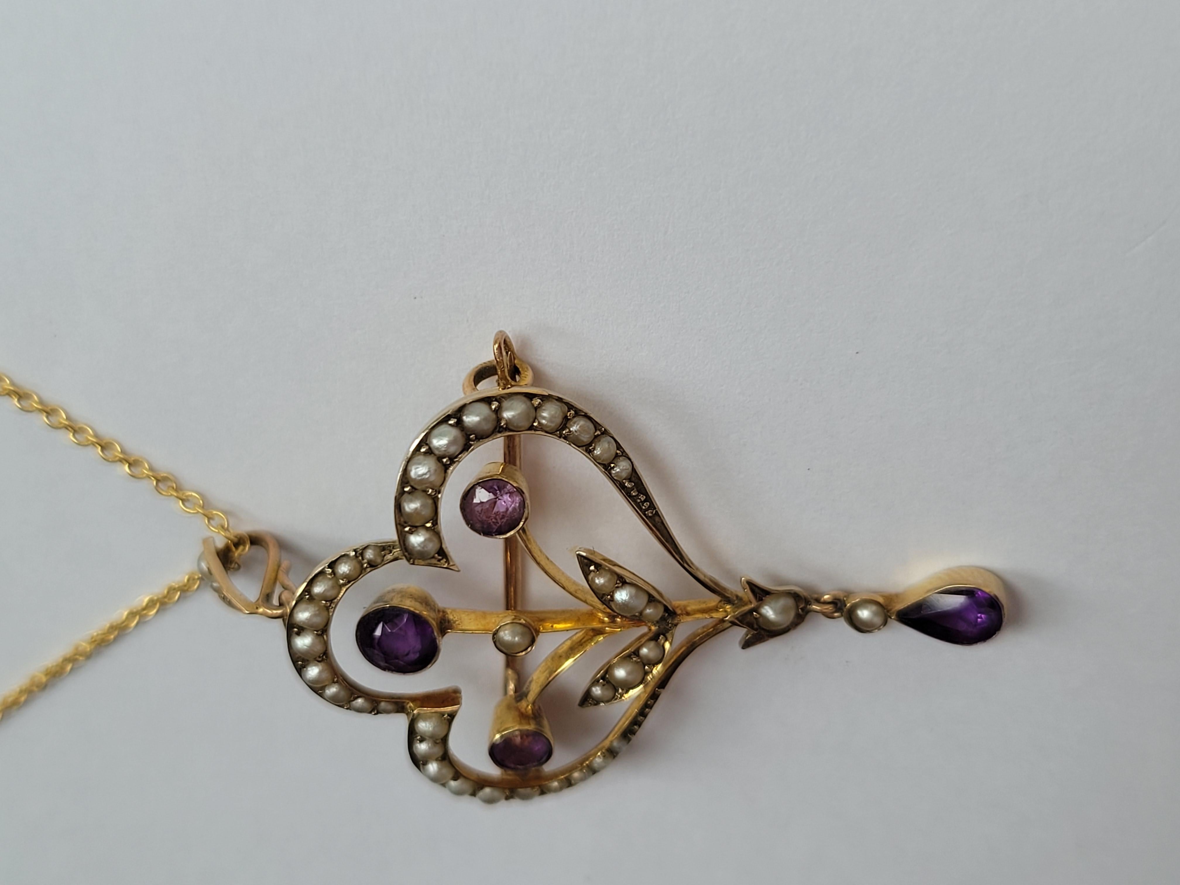 Antique Edwardian Amethyst Pearl Gold Brooch Pendant Necklace For Sale 4