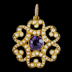 Antique Edwardian Amethyst Pearl Pendant 15ct Gold, circa 1905