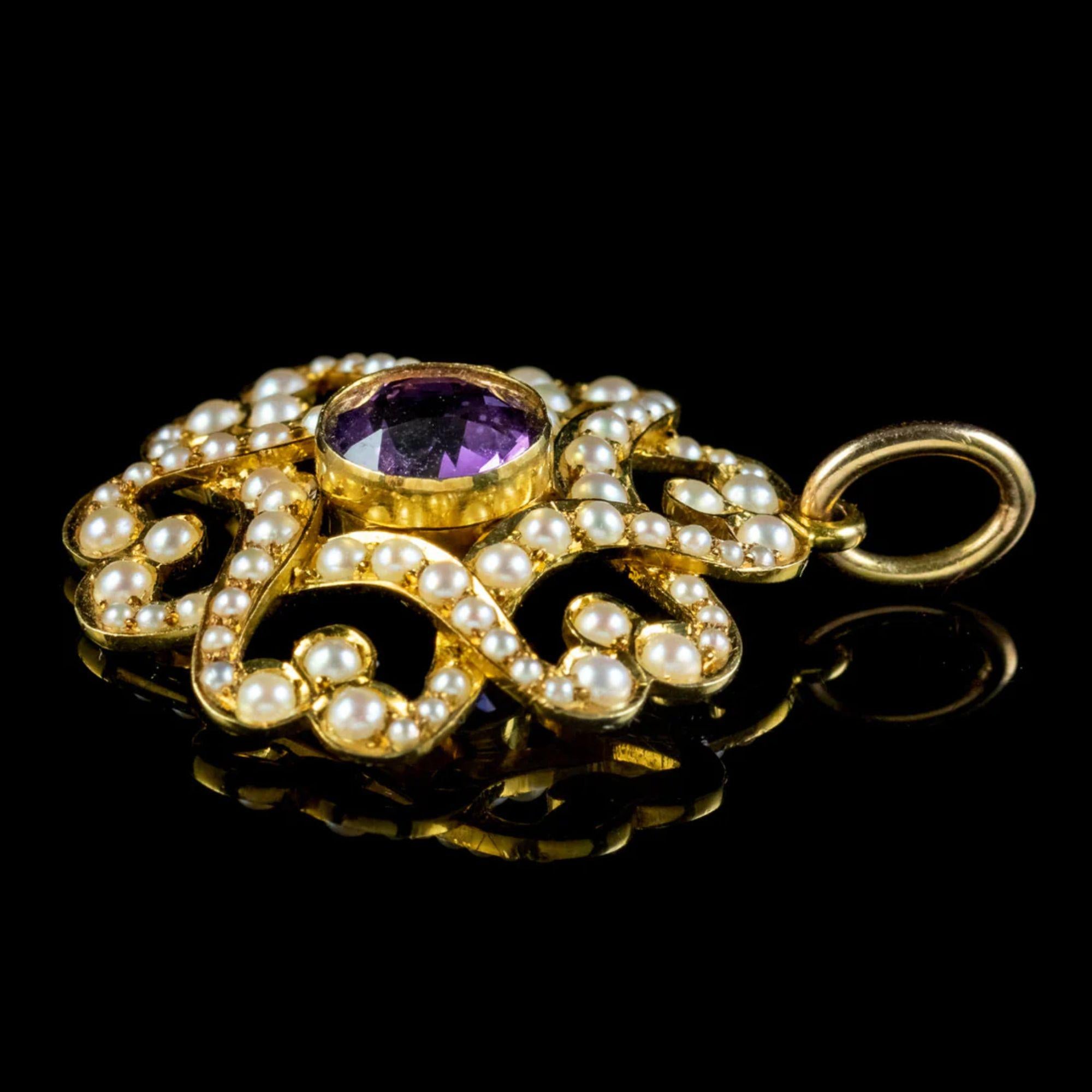 Antique Edwardian Amethyst Pearl Pendant 15ct Gold, circa 1905  In Good Condition For Sale In Kendal, GB