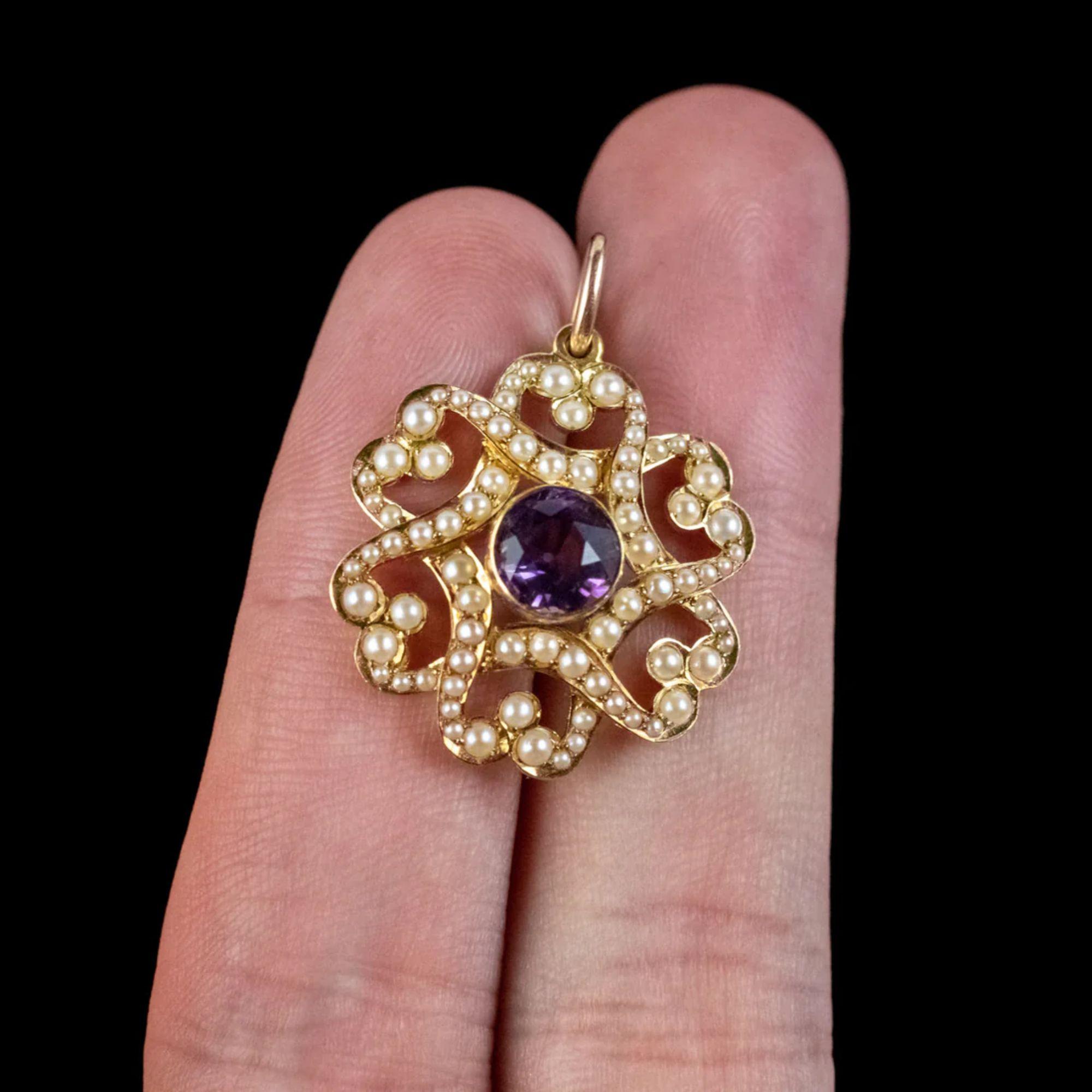 Women's Antique Edwardian Amethyst Pearl Pendant 15ct Gold, circa 1905  For Sale