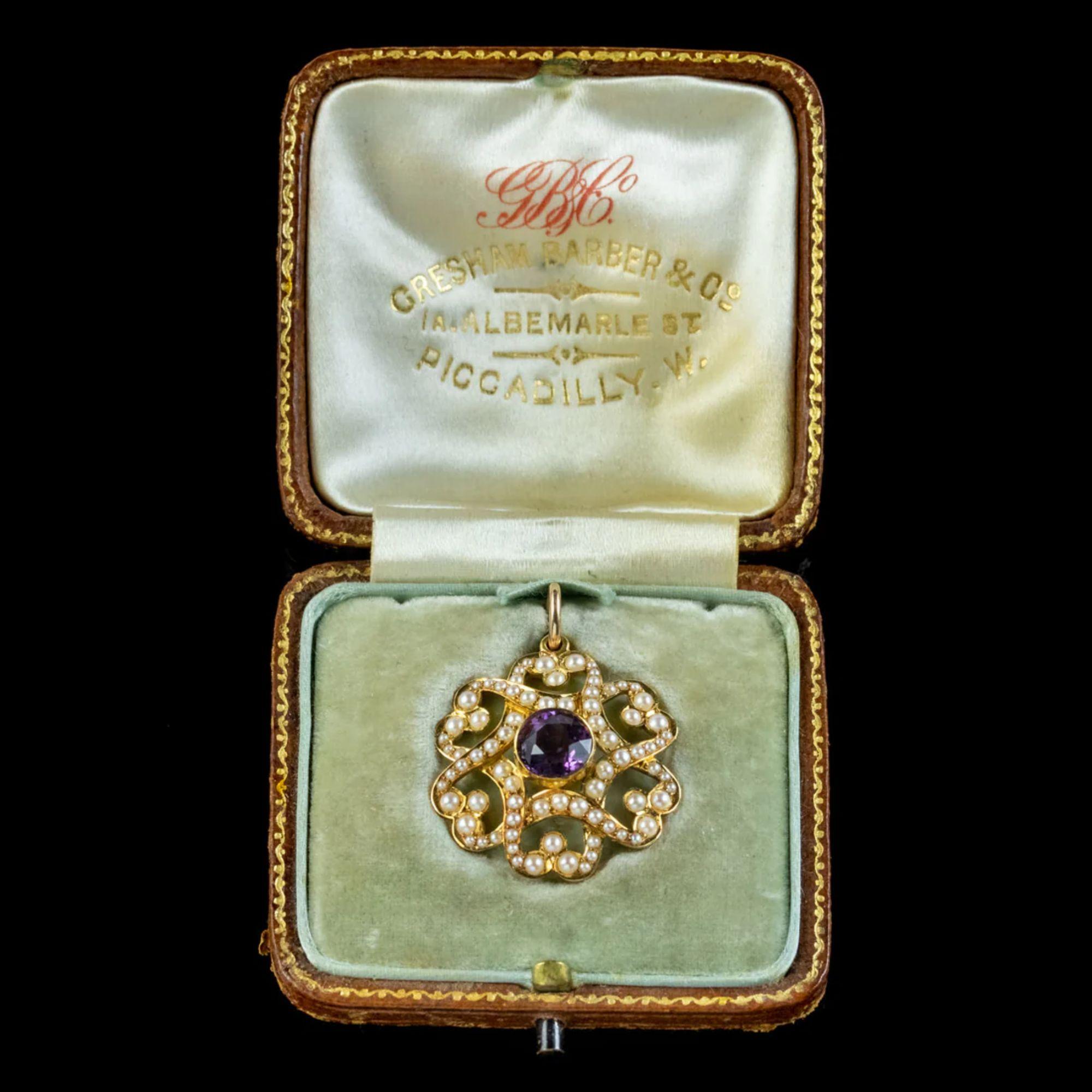 Antique Edwardian Amethyst Pearl Pendant 15ct Gold, circa 1905  For Sale 1