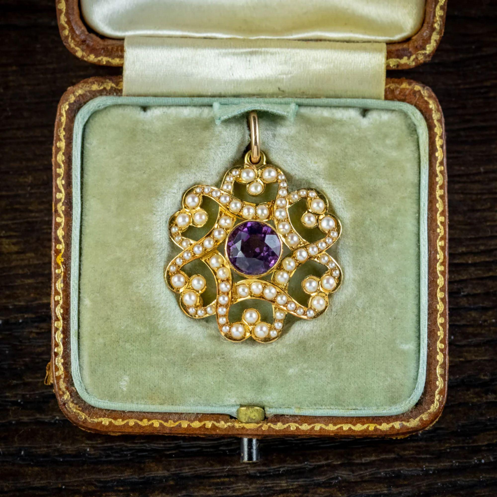 Antique Edwardian Amethyst Pearl Pendant 15ct Gold, circa 1905  For Sale 2