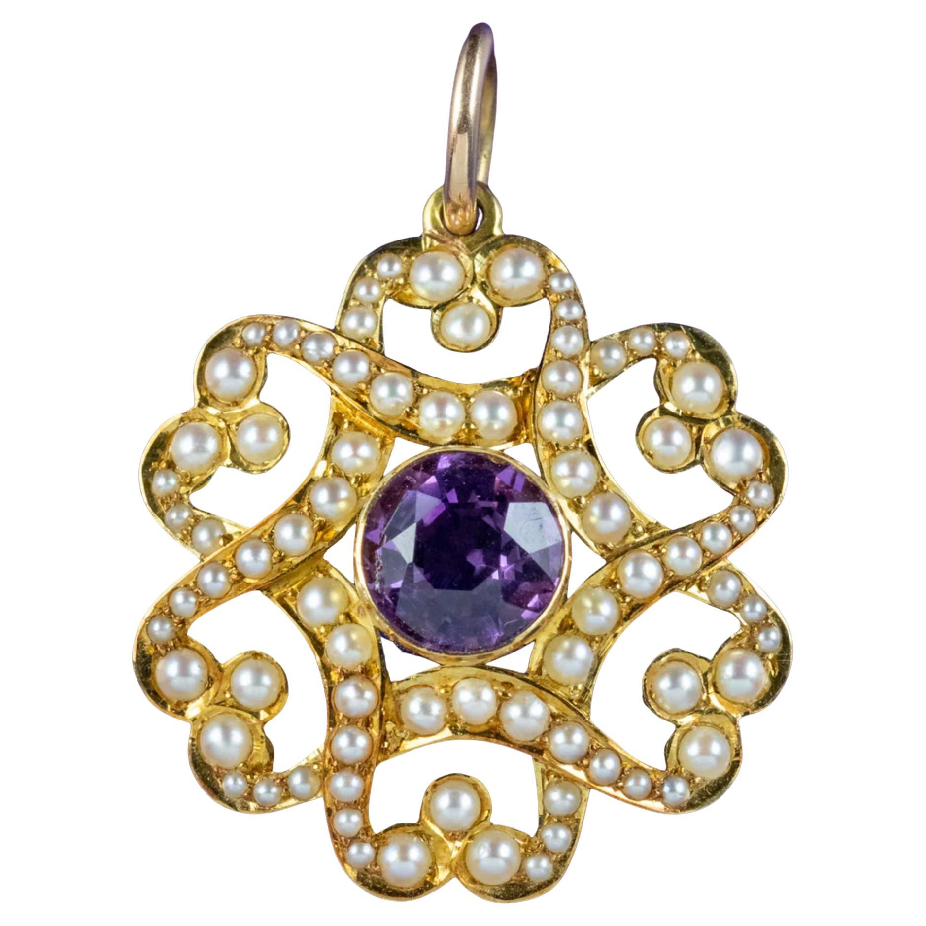 Antique Edwardian Amethyst Pearl Pendant 15ct Gold, circa 1905  For Sale