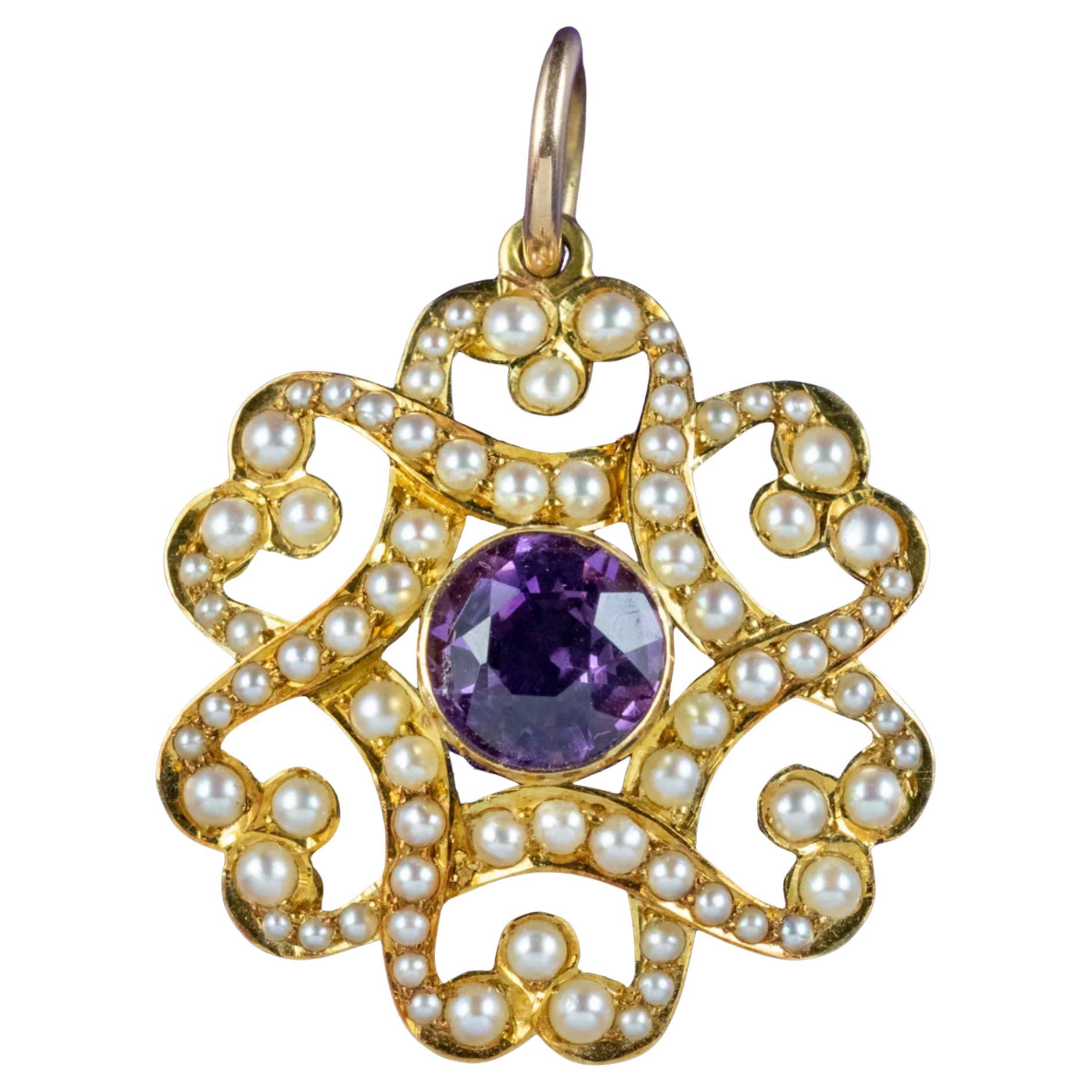 Antiker edwardianischer Amethyst-Perlen-Anhänger 15ct Gold, um 1905 