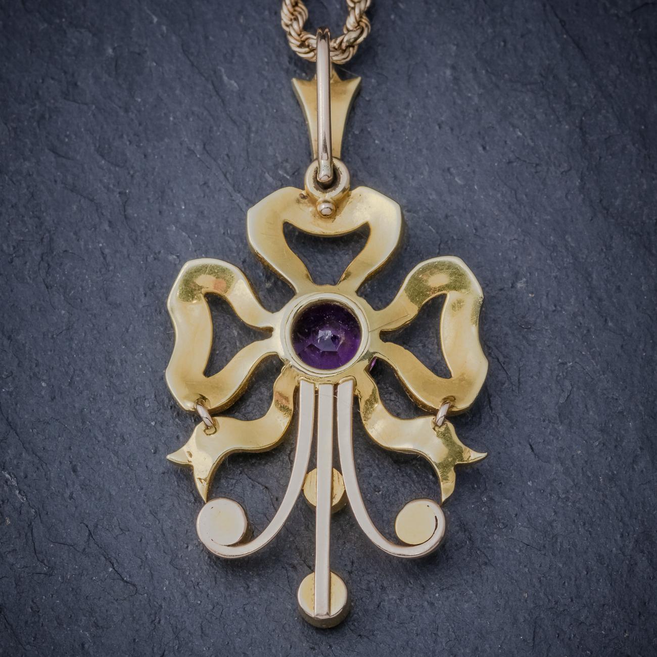 Antique Edwardian Amethyst Pearl 15 Carat Gold, circa 1910 Pendant Necklace In Good Condition In Lancaster , GB