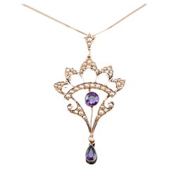 Used Edwardian Amethyst Pendant Necklace with Seed Pearls 9K Gold - c.1900