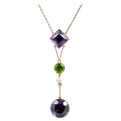 Antique Edwardian Amethyst Peridot circa 1910 Lavaliere Suffragette Necklace