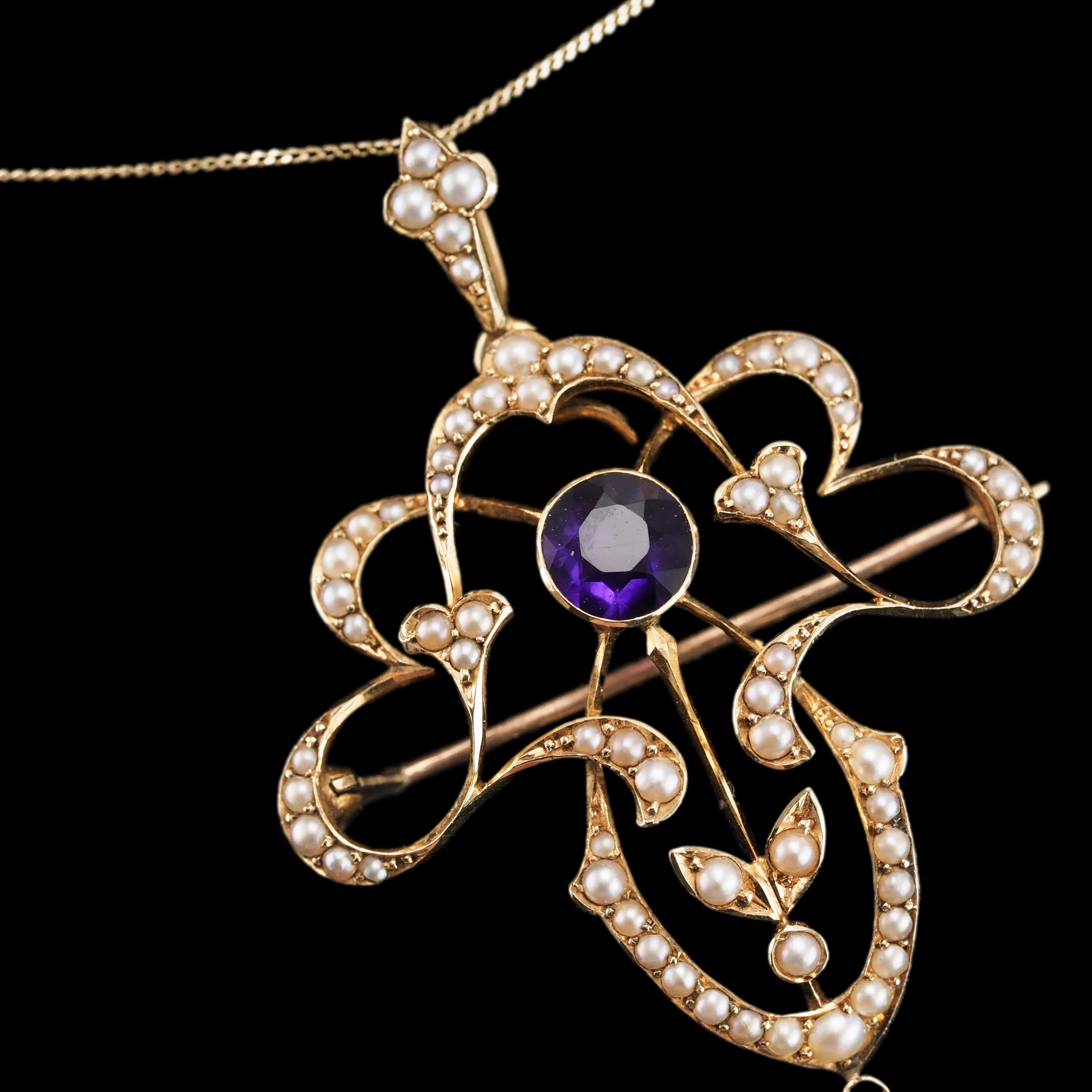 Antique Edwardian Amethyst & Seed Pearl 15K Gold Pendant Necklace Art Nouveau  For Sale 6
