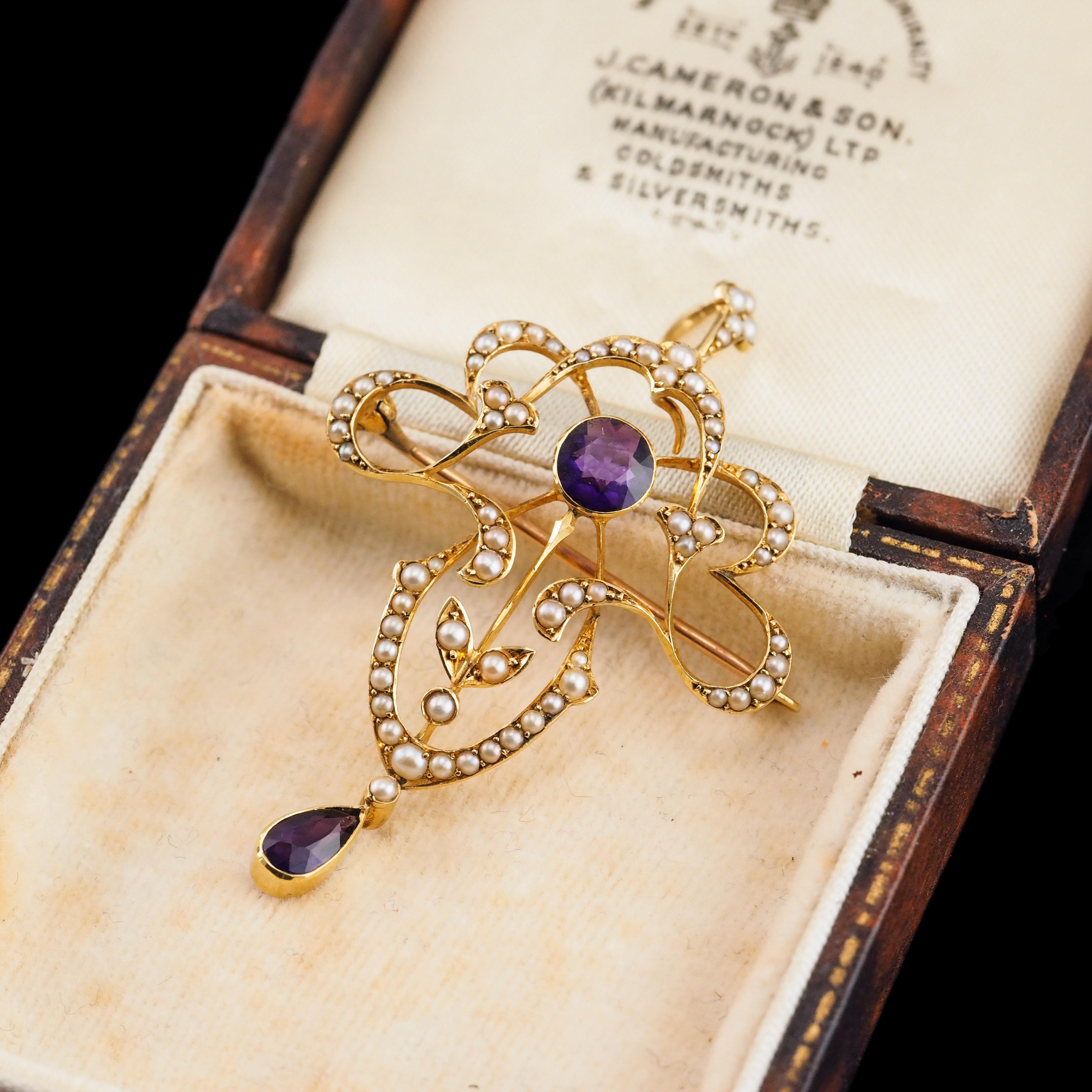 Antique Edwardian Amethyst & Seed Pearl 15K Gold Pendant Necklace Art Nouveau  For Sale 7