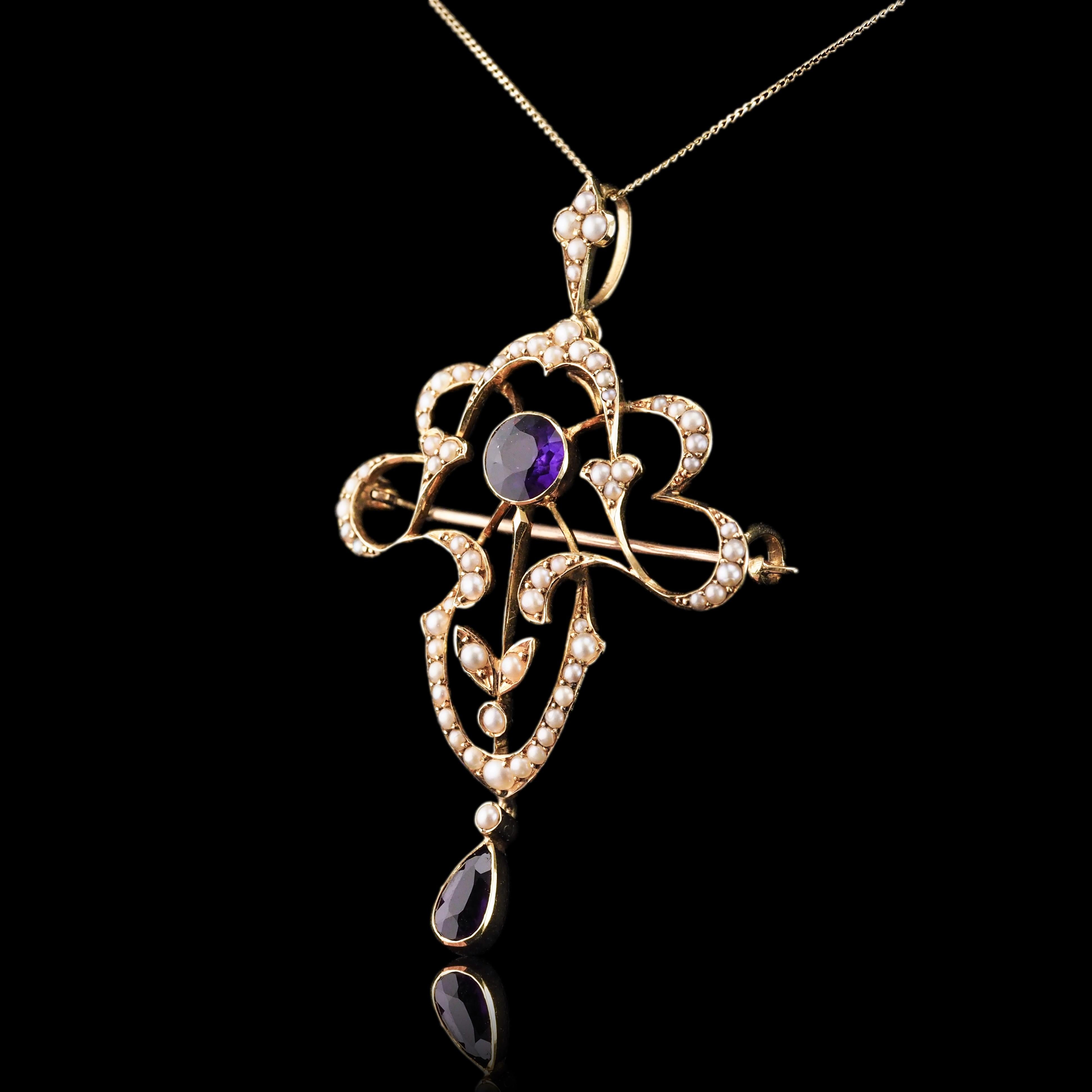 Antique Edwardian Amethyst & Seed Pearl 15K Gold Pendant Necklace Art Nouveau  For Sale 8