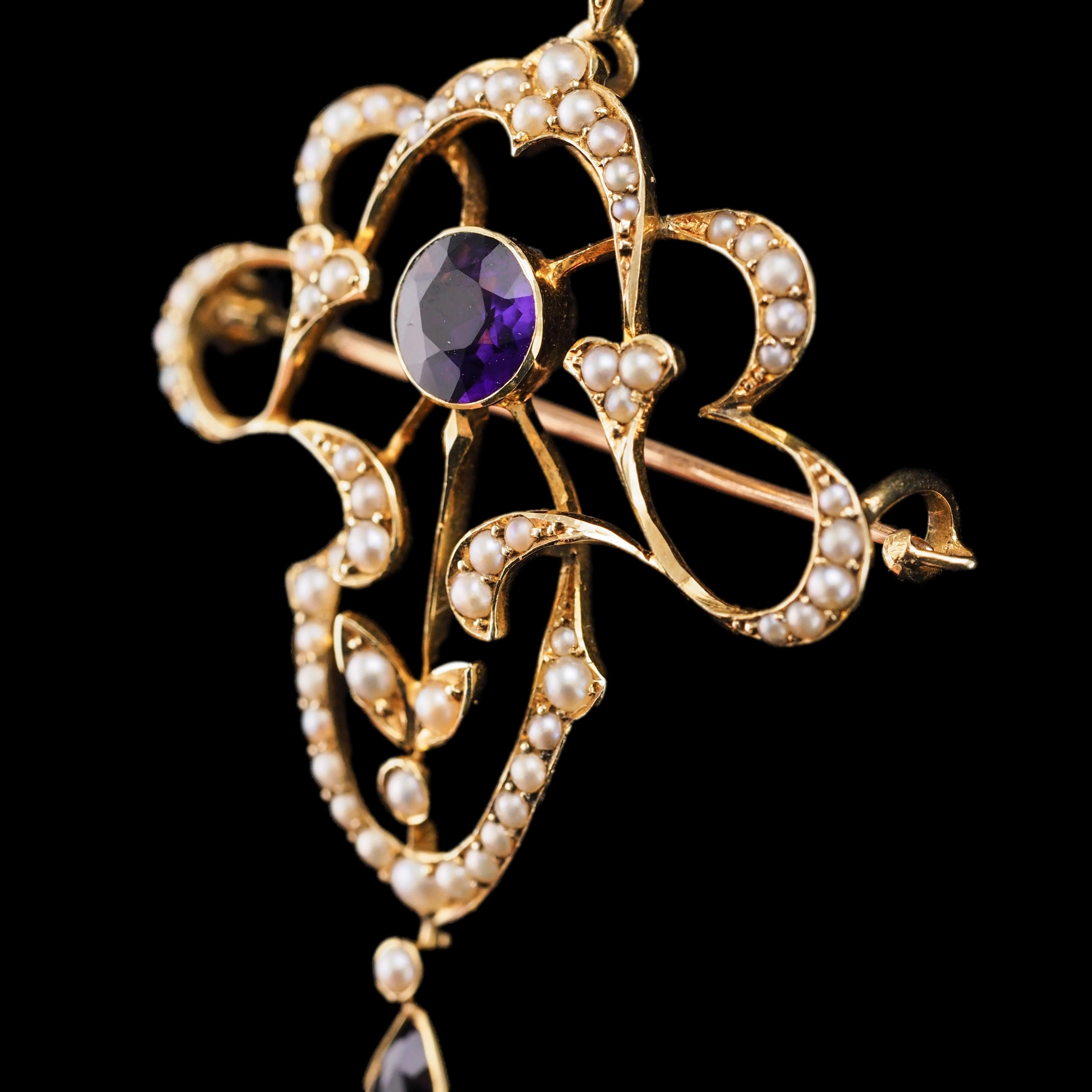Antique Edwardian Amethyst & Seed Pearl 15K Gold Pendant Necklace Art Nouveau  For Sale 9