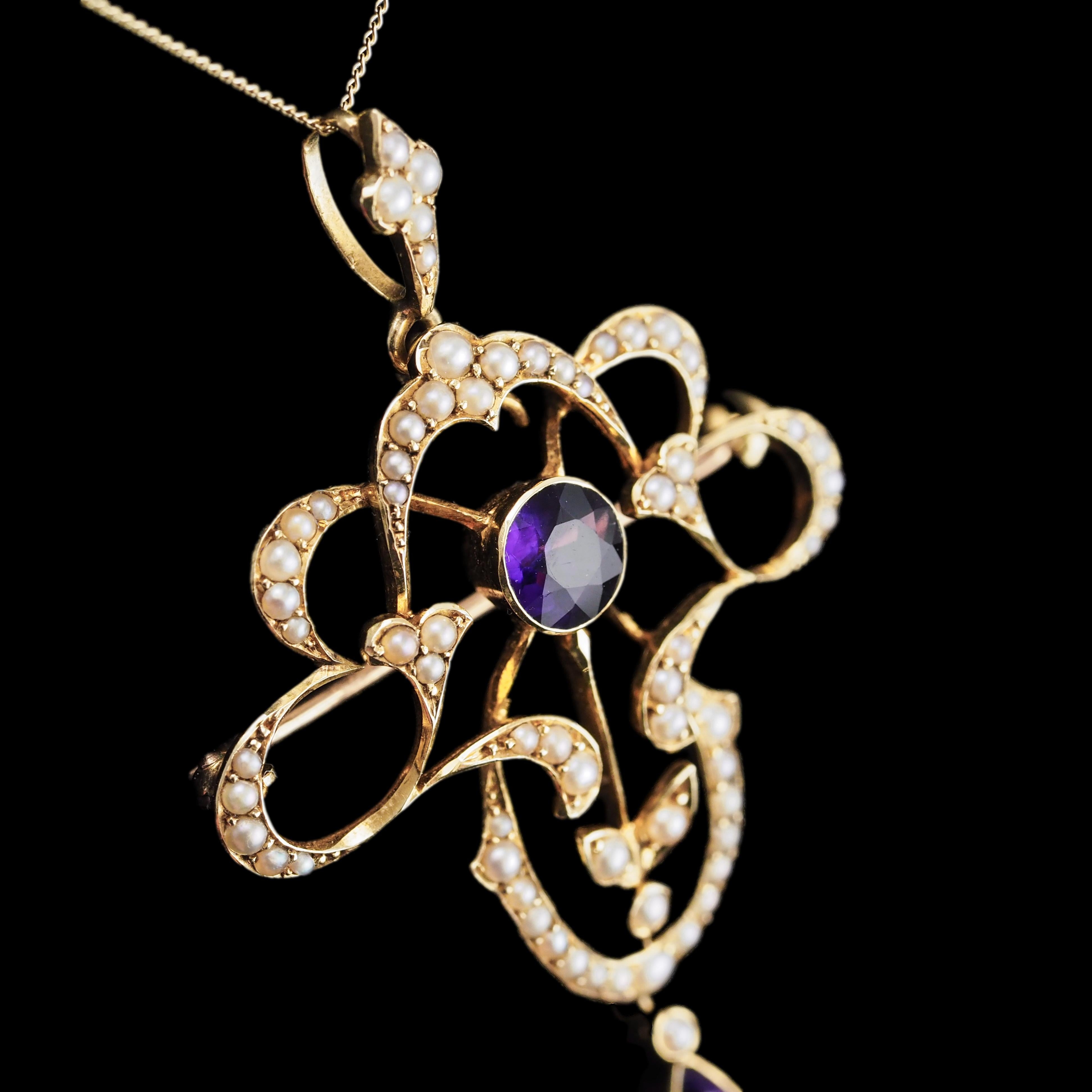 Antique Edwardian Amethyst & Seed Pearl 15K Gold Pendant Necklace Art Nouveau  For Sale 10