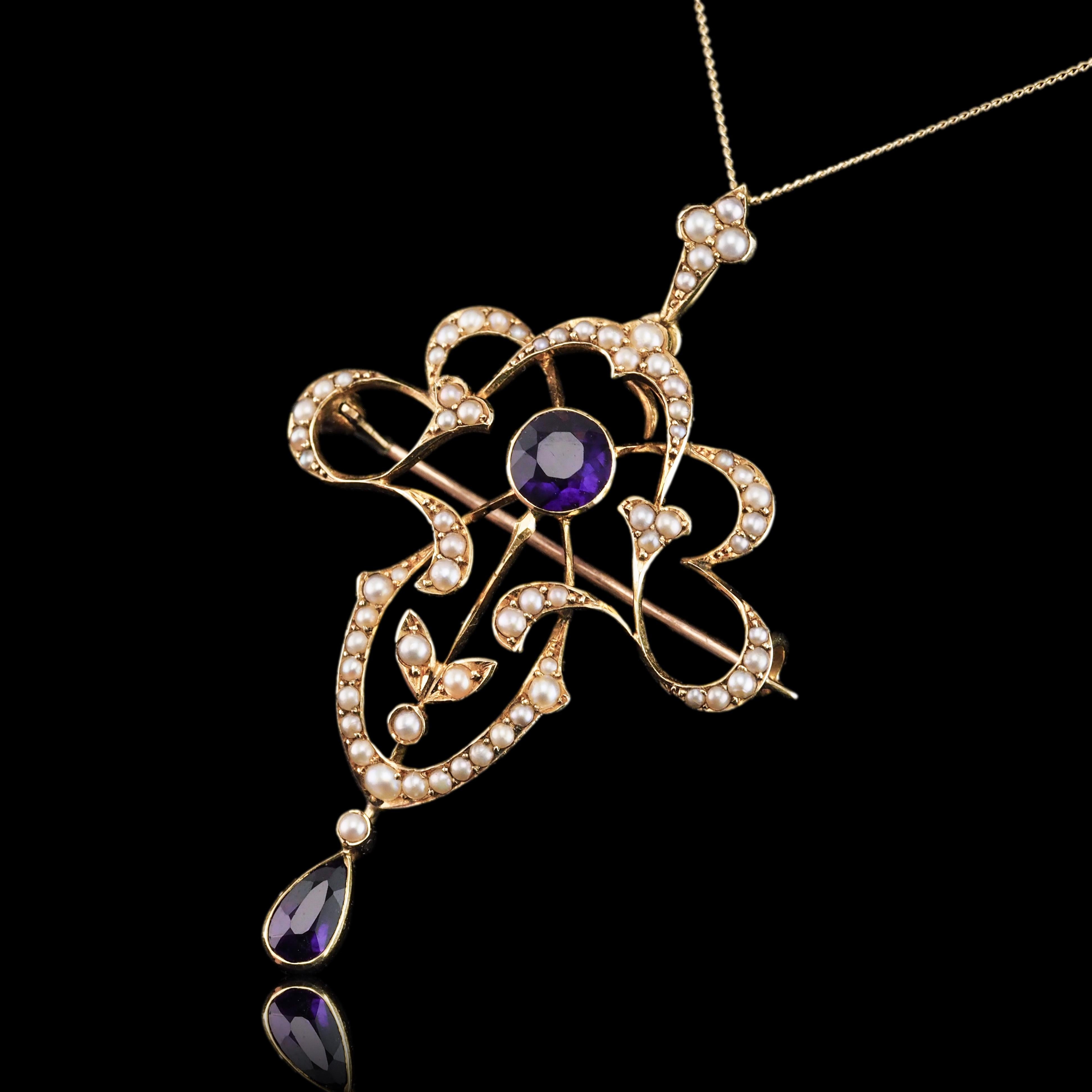 Antique Edwardian Amethyst & Seed Pearl 15K Gold Pendant Necklace Art Nouveau  For Sale 11