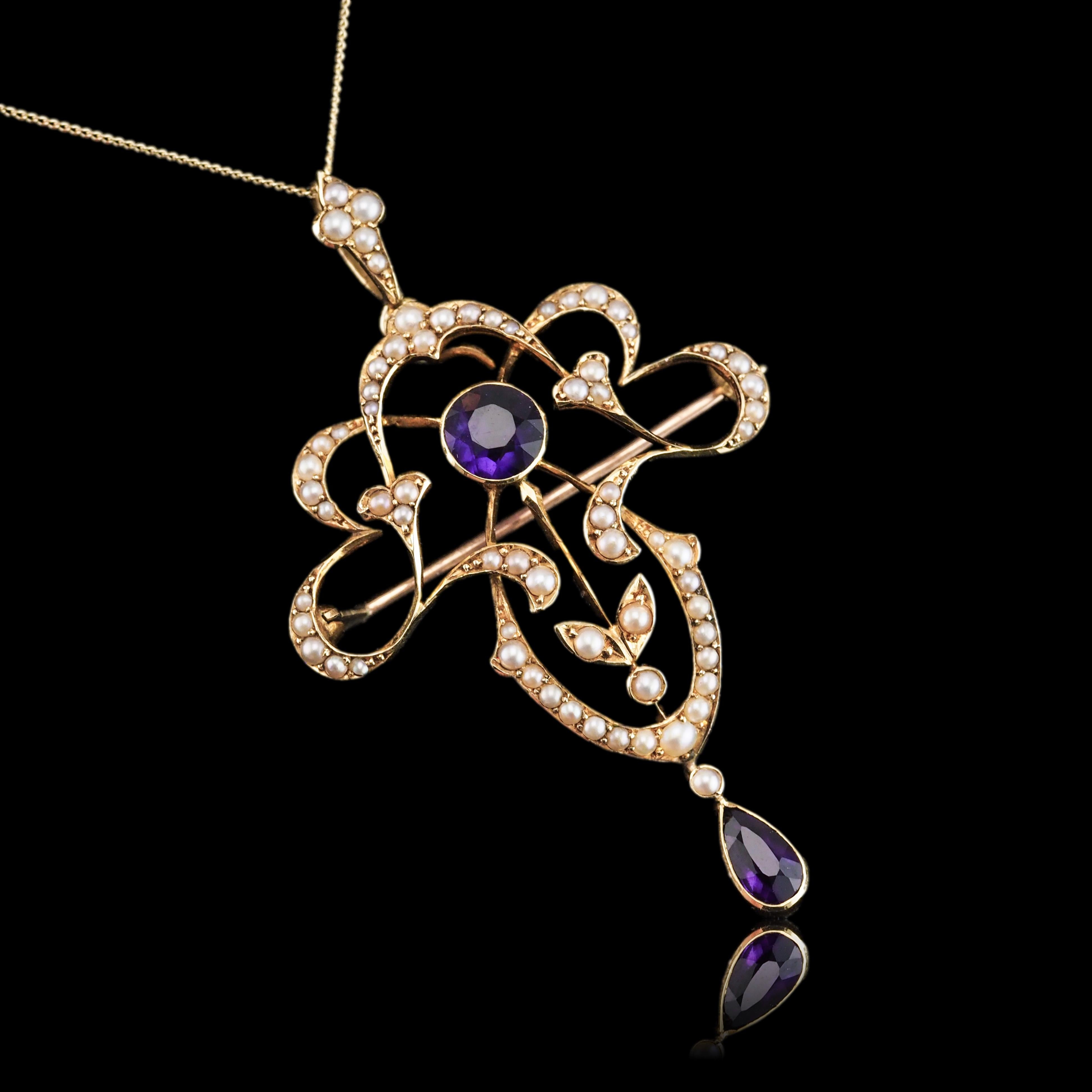 Antique Edwardian Amethyst & Seed Pearl 15K Gold Pendant Necklace Art Nouveau  For Sale 12