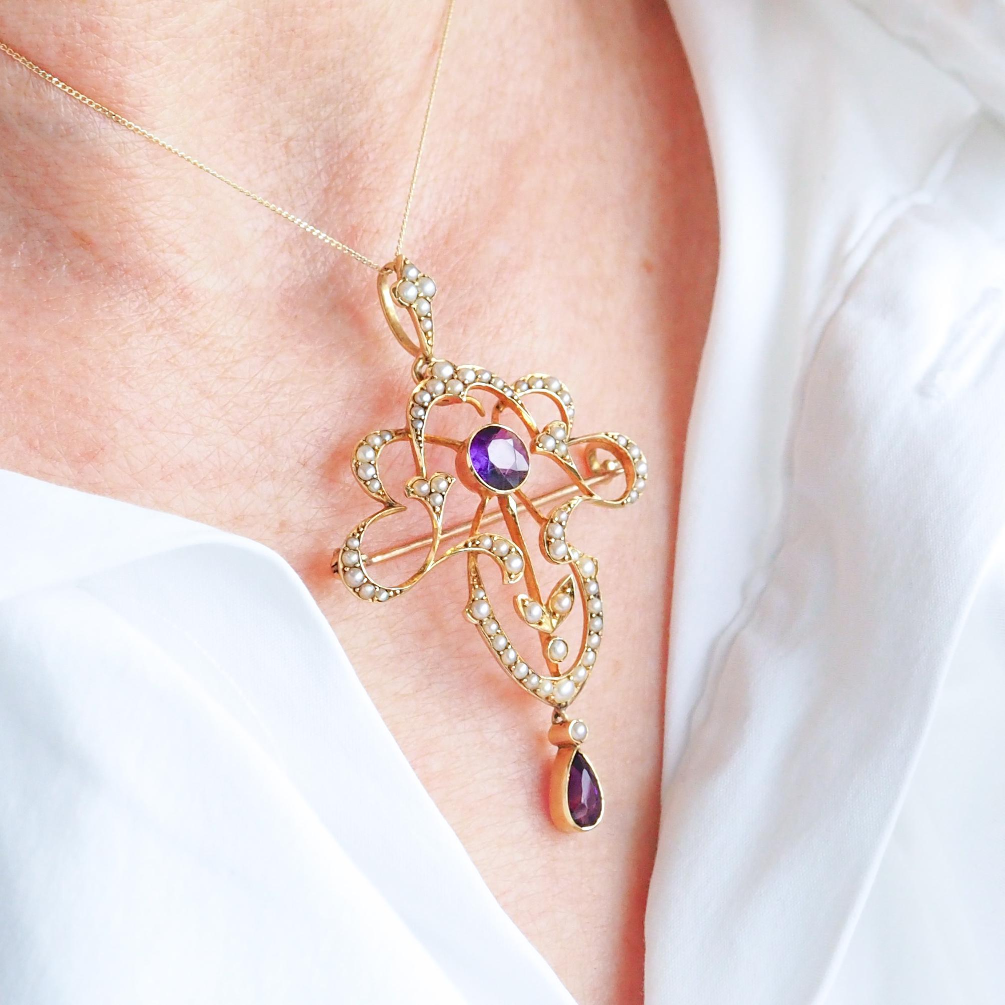 Round Cut Antique Edwardian Amethyst & Seed Pearl 15K Gold Pendant Necklace Art Nouveau  For Sale