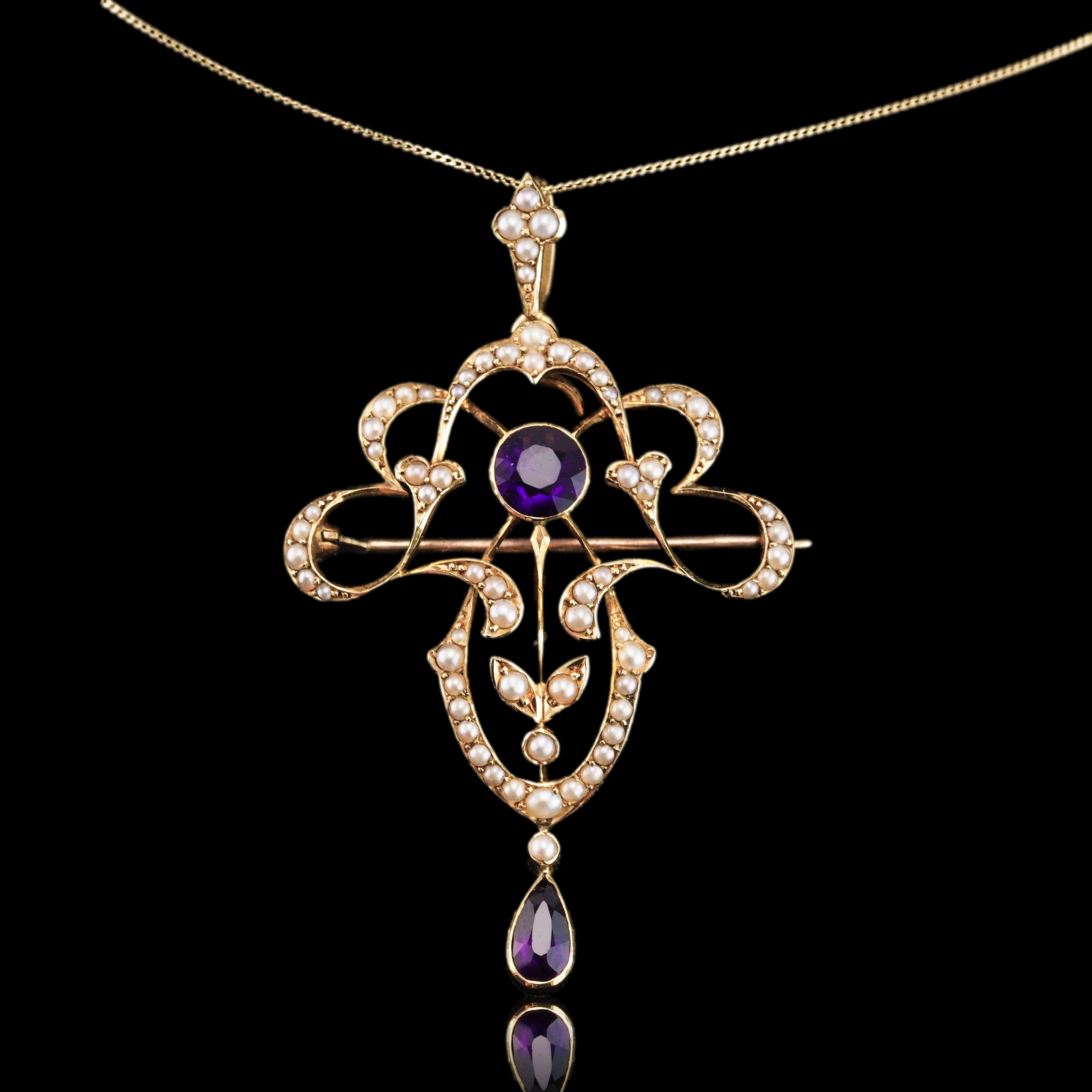 Antique Edwardian Amethyst & Seed Pearl 15K Gold Pendant Necklace Art Nouveau  In Good Condition For Sale In London, GB
