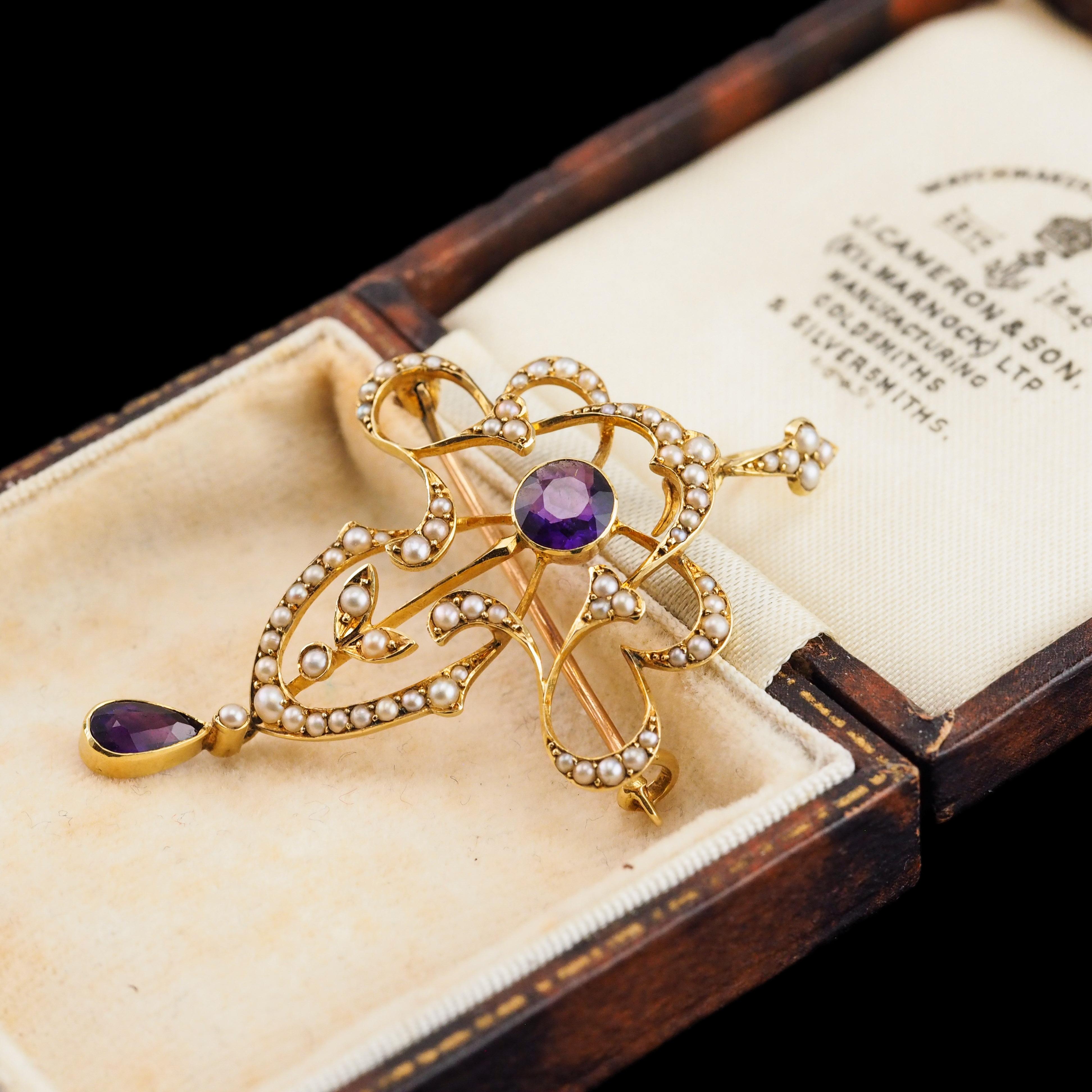 Women's or Men's Antique Edwardian Amethyst & Seed Pearl 15K Gold Pendant Necklace Art Nouveau  For Sale