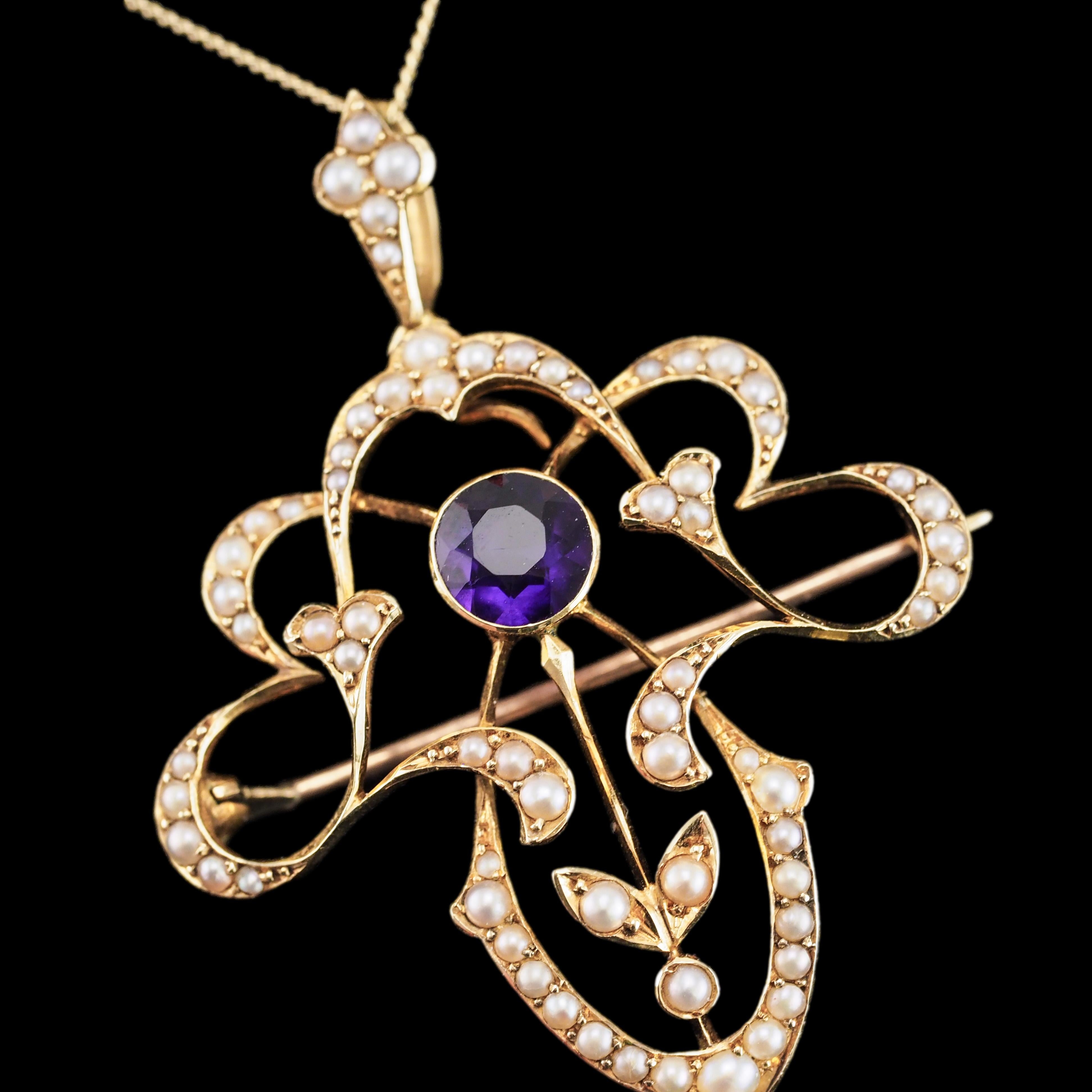Antique Edwardian Amethyst & Seed Pearl 15K Gold Pendant Necklace Art Nouveau  For Sale 1