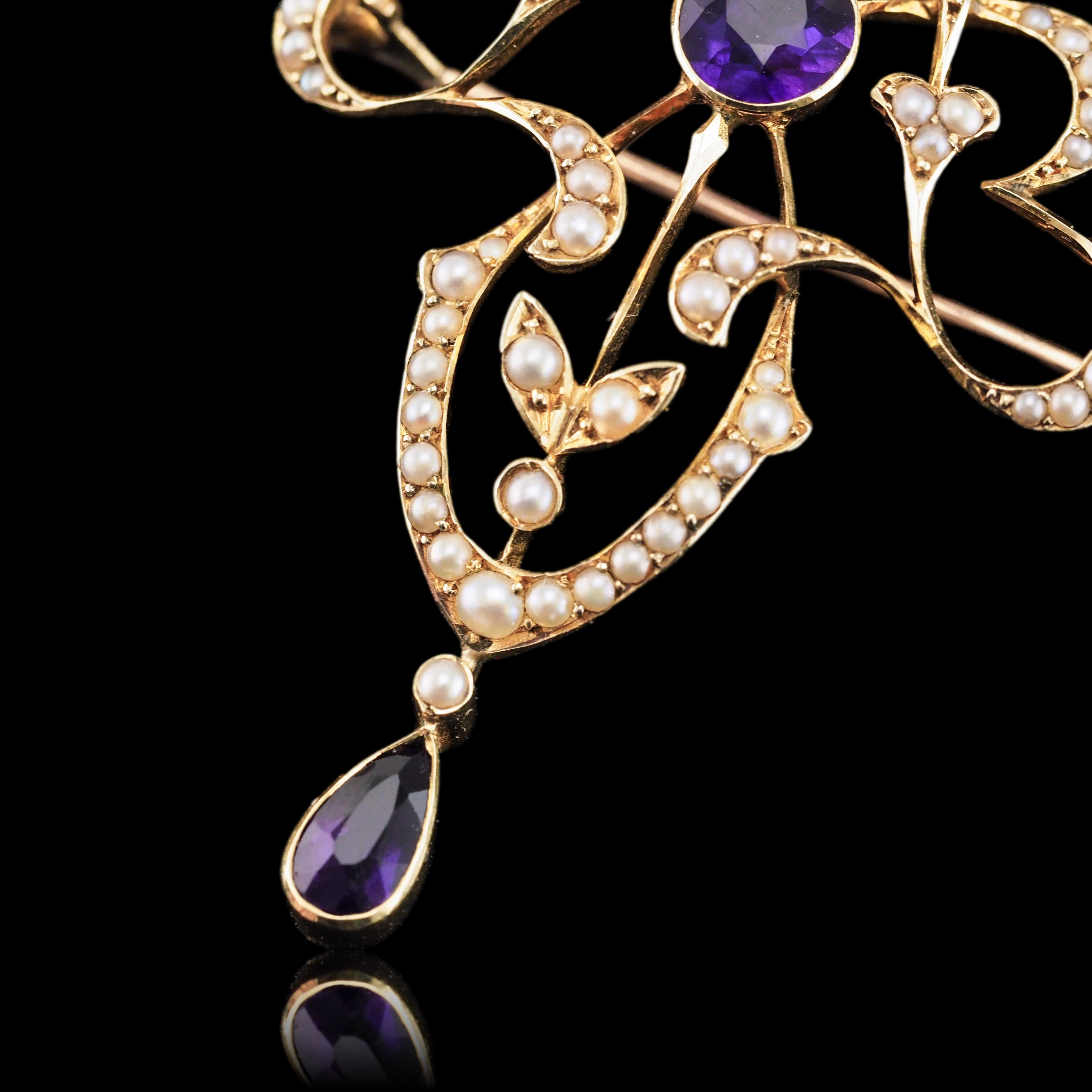 Antique Edwardian Amethyst & Seed Pearl 15K Gold Pendant Necklace Art Nouveau  For Sale 2