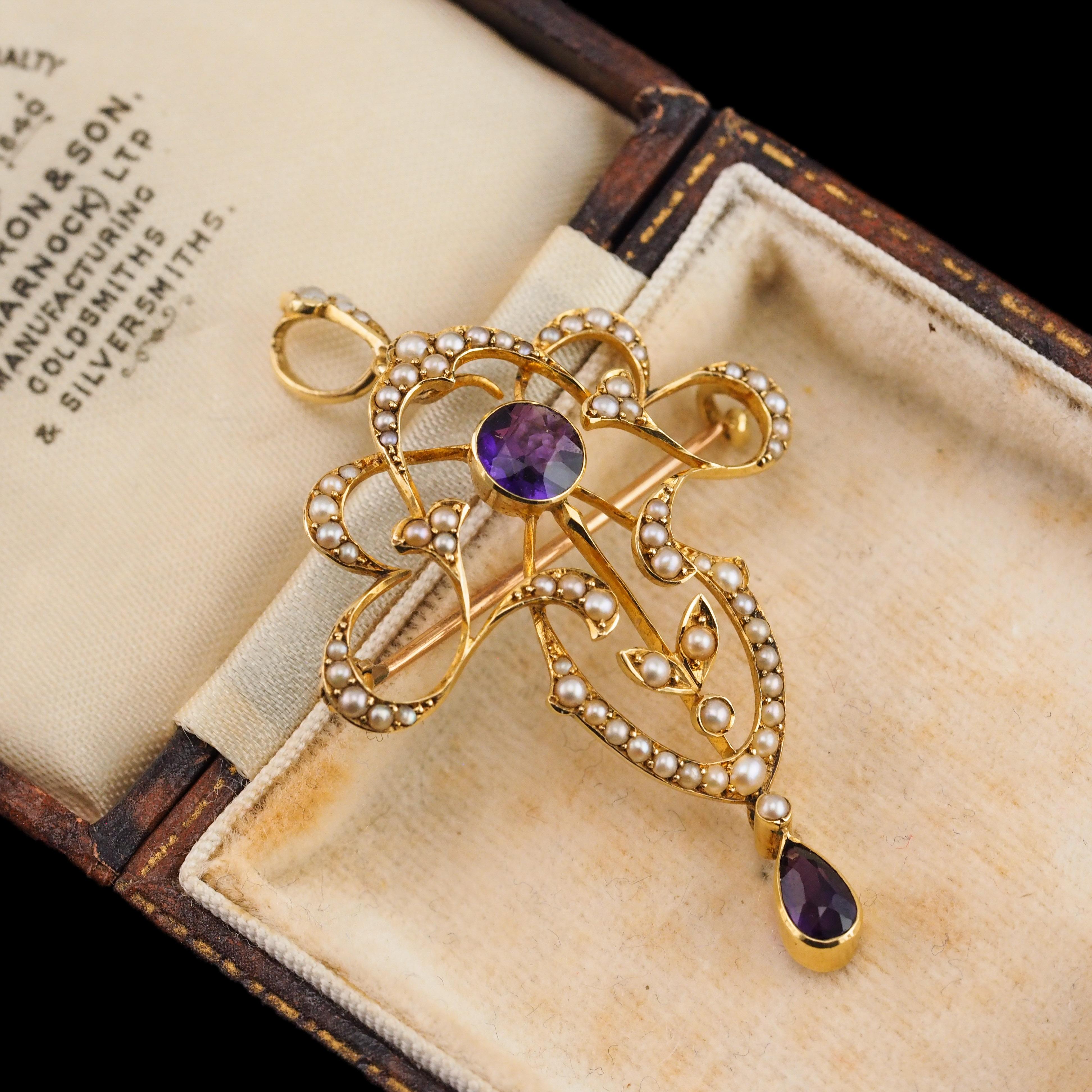 Antique Edwardian Amethyst & Seed Pearl 15K Gold Pendant Necklace Art Nouveau  For Sale 3