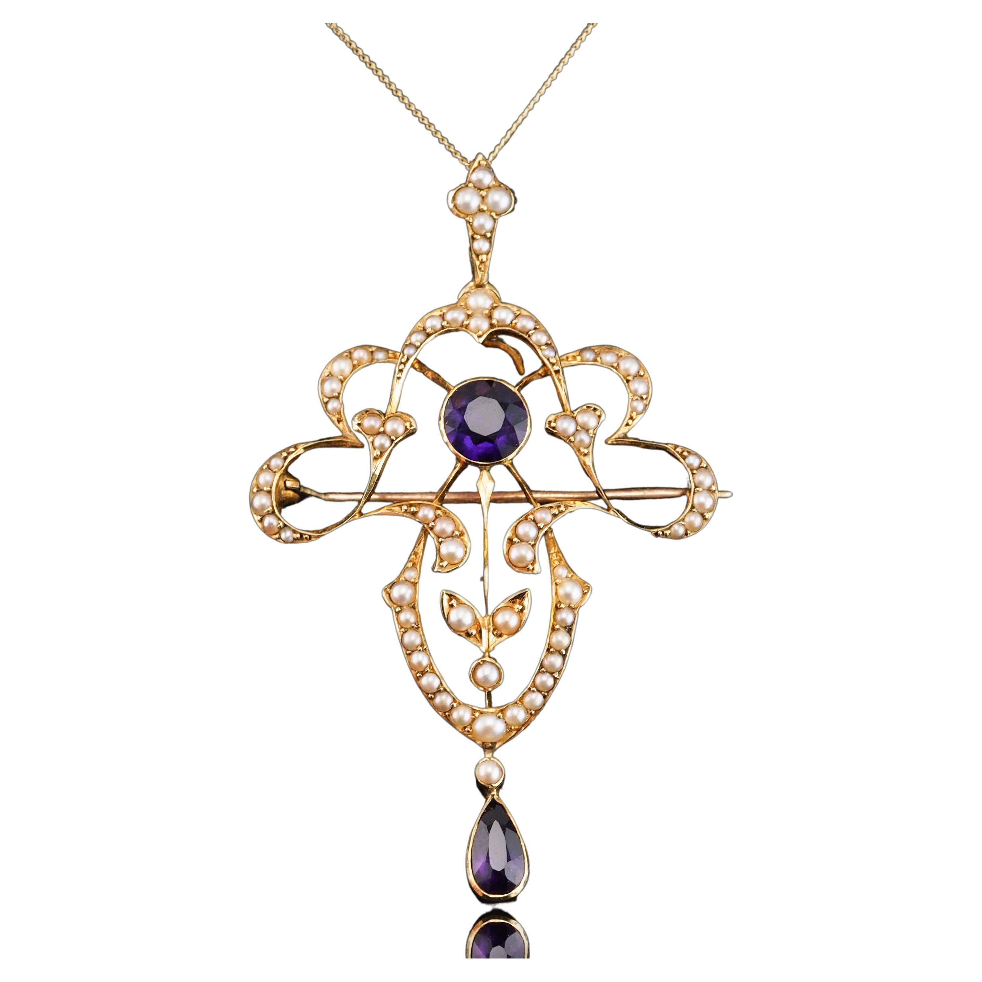 Antique Edwardian Amethyst & Seed Pearl 15K Gold Pendant Necklace Art Nouveau  For Sale