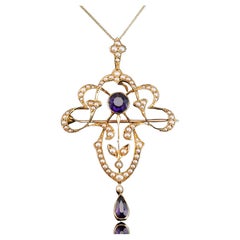 Antike Edwardian Amethyst & Seed Pearl 15K Gold Anhänger Halskette Art Nouveau 