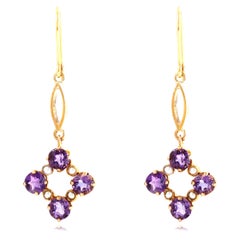 Antique Edwardian Amethyst Seed Pearl 9ct Gold Drop Earrings