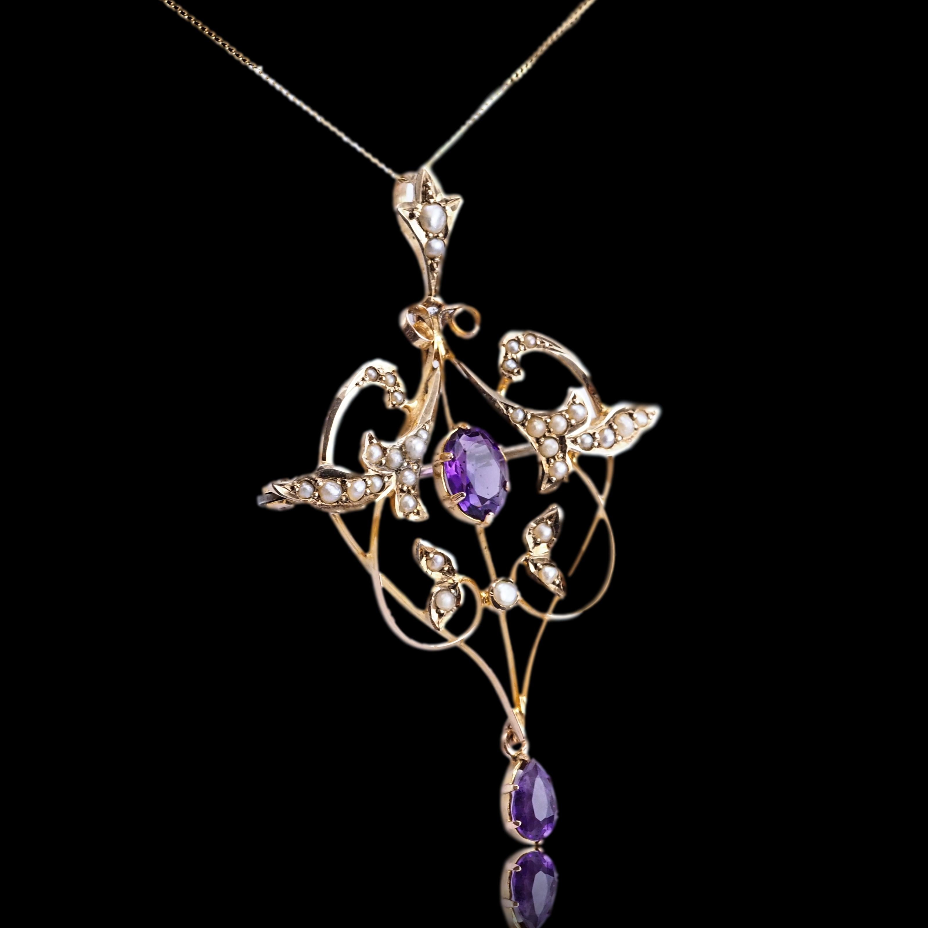 Antique Edwardian Amethyst Seed Pearl 9K Gold Art Nouveau Pendant Necklace c1905 For Sale 13