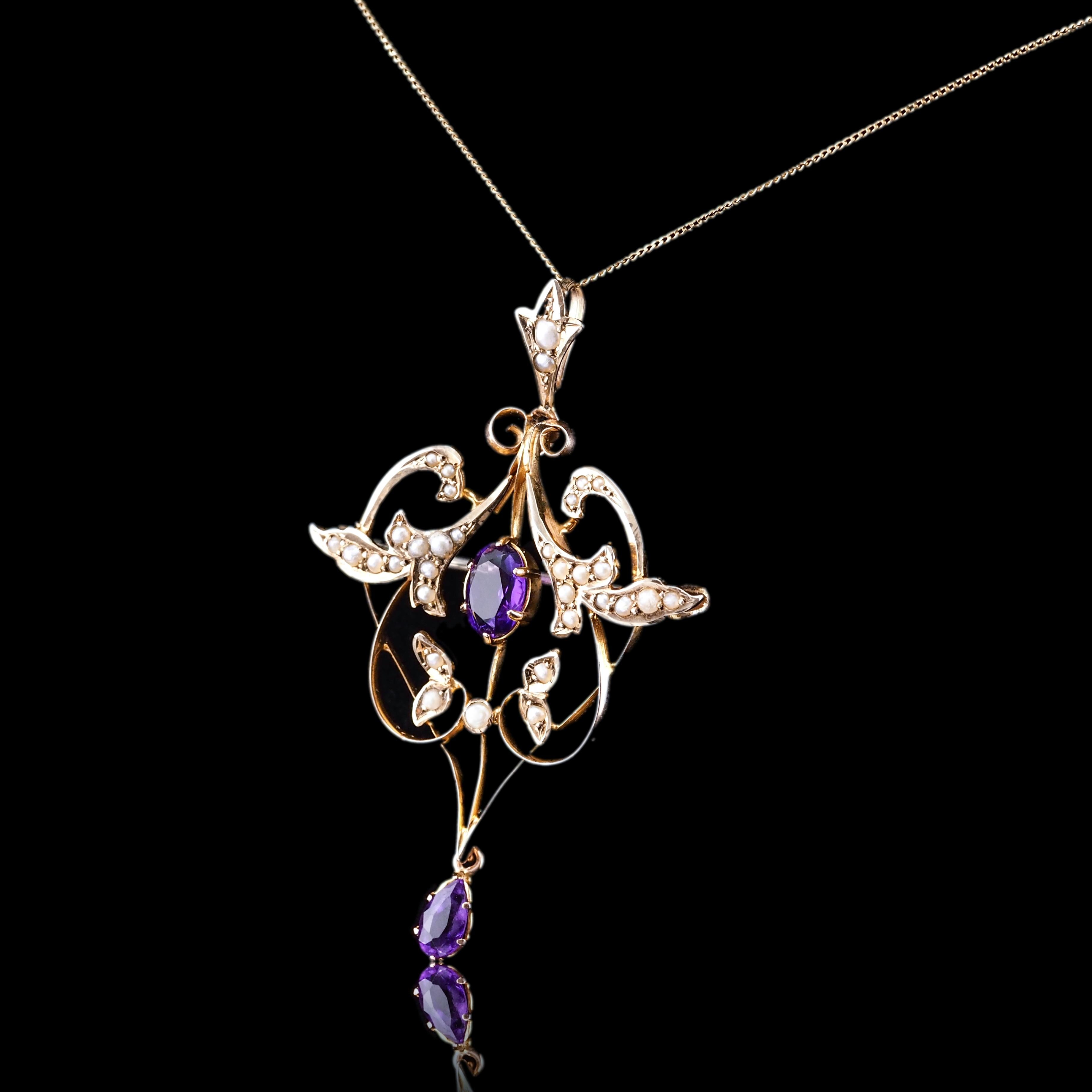 Oval Cut Antique Edwardian Amethyst Seed Pearl 9K Gold Art Nouveau Pendant Necklace c1905 For Sale