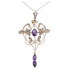 Antike Edwardian Amethyst Seed Pearl 9K Gold Art Nouveau Anhänger Halskette c1905