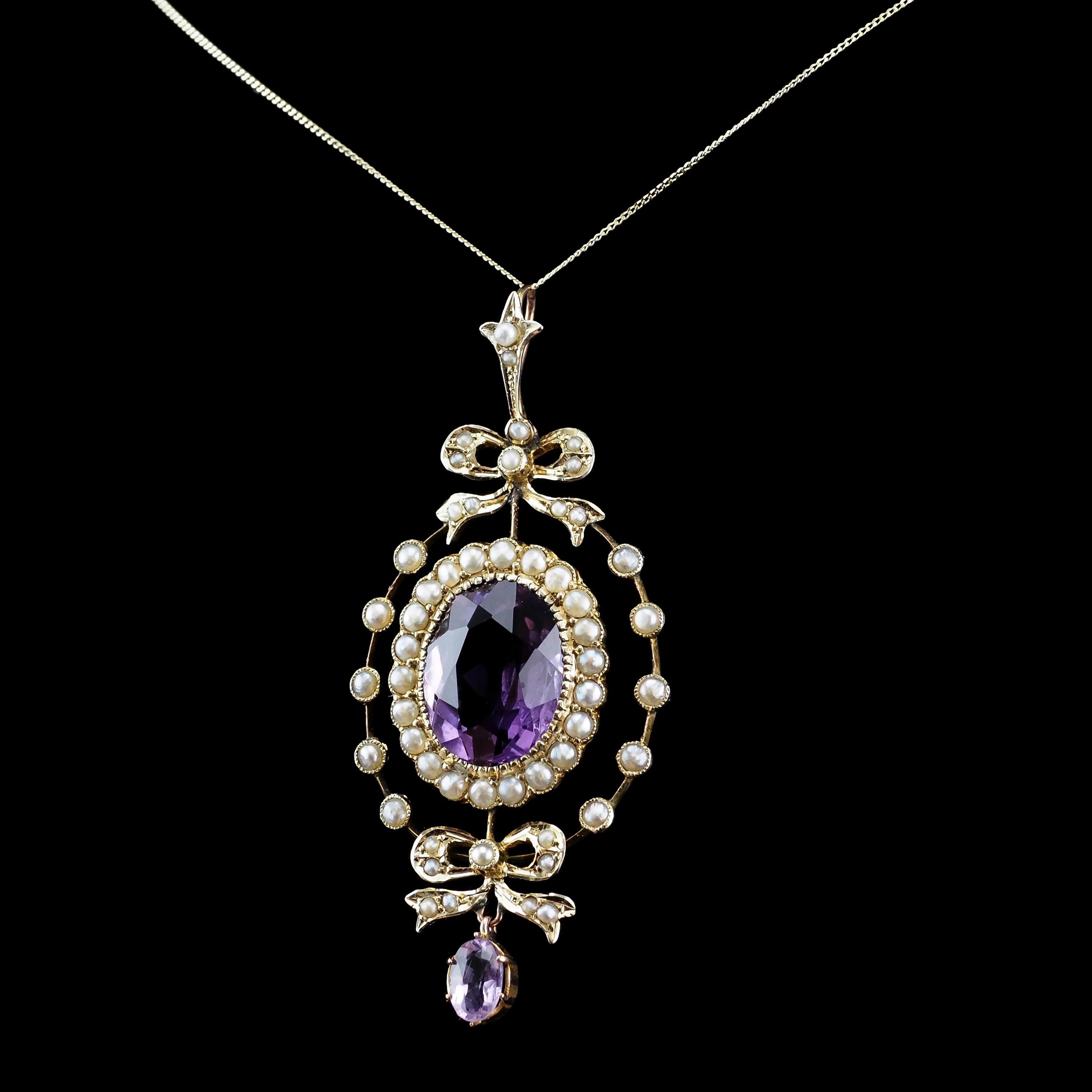 Antique Edwardian Amethyst & Seed Pearl 9k Gold Necklace Pendant, circa 1905 5