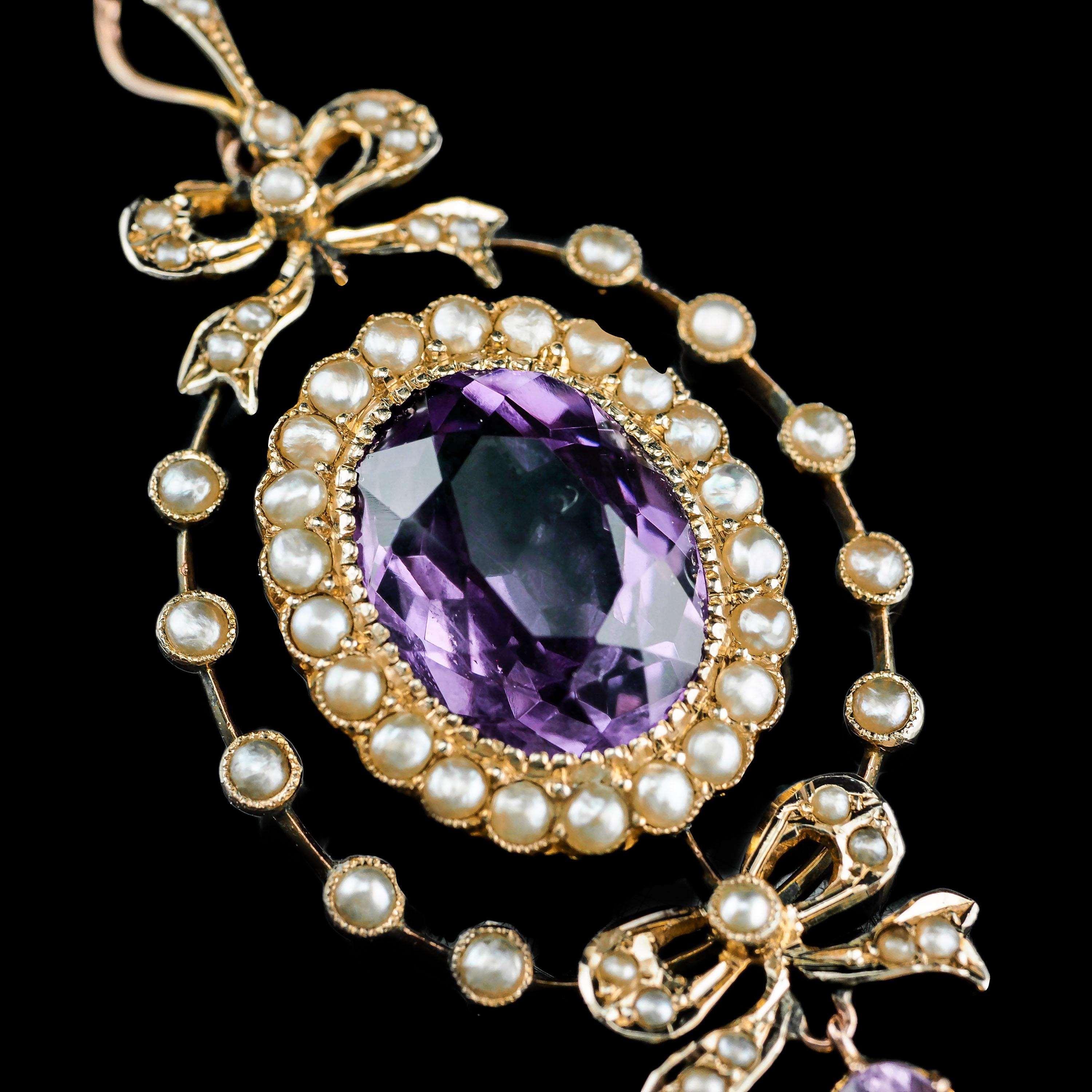Antique Edwardian Amethyst & Seed Pearl 9k Gold Necklace Pendant, circa 1905 6